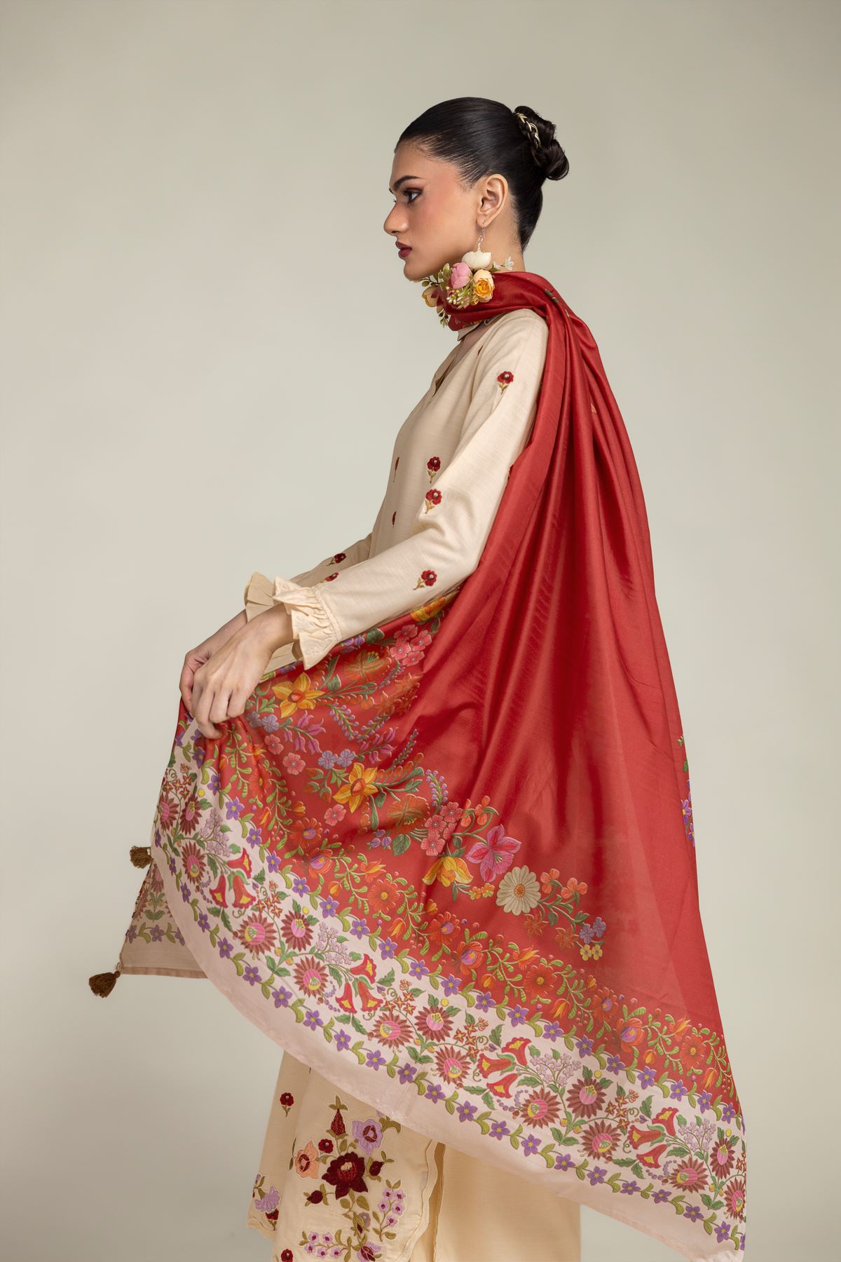 Embroidered Polyester Silk Floral Red Dupatta - 1-26-203-A-F1-VG