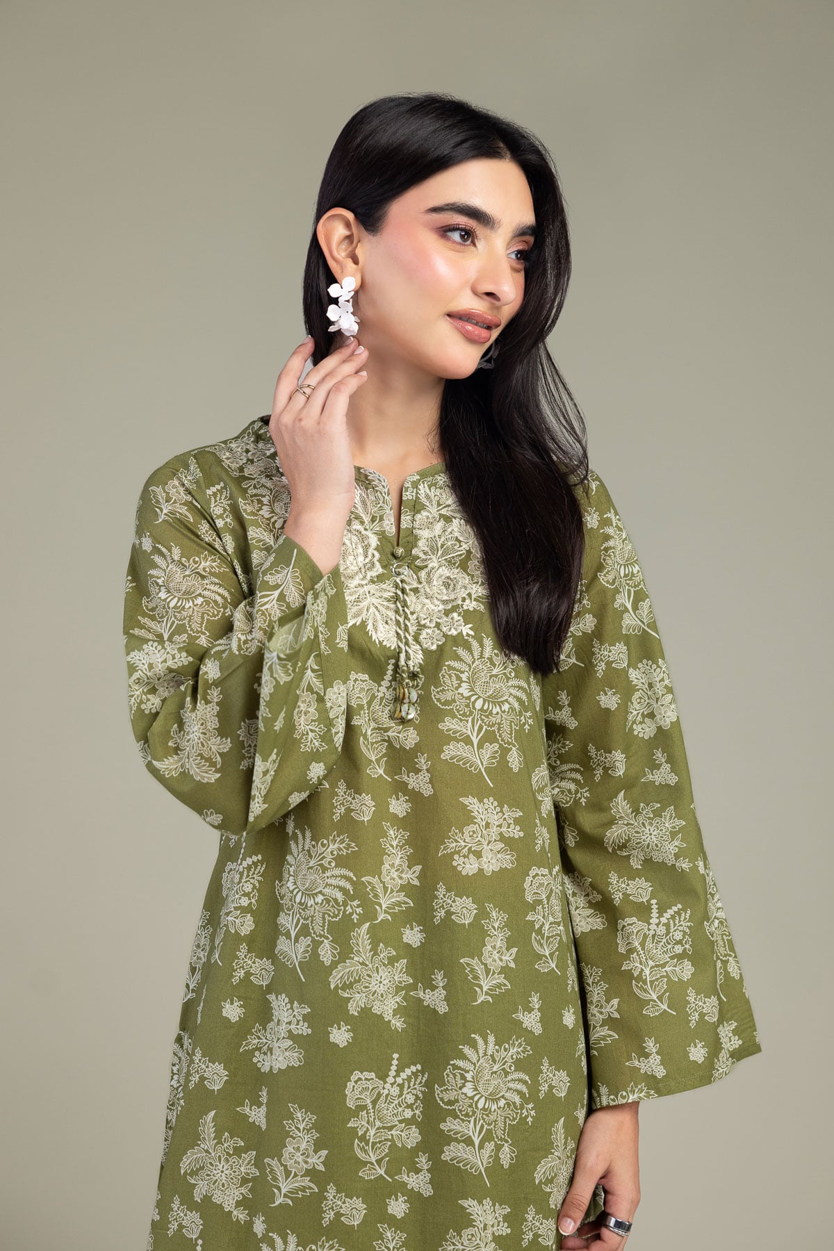 Embroidered Cambric Olive Longline Kurta - 1-26-102-A-F-VG