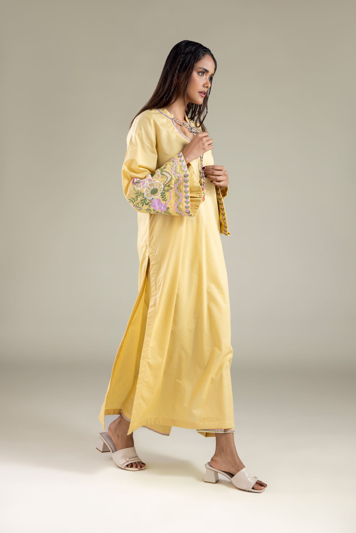 Embroidered Cotton Dobby Floral Drawstring Kurta - T-A33-26-105FH-VG