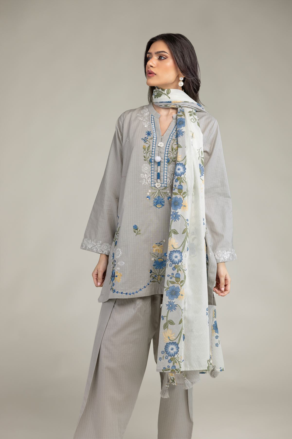 Embroidered Cotton Net Gray Floral Dupatta - 1-26-225-A-C1-VG
