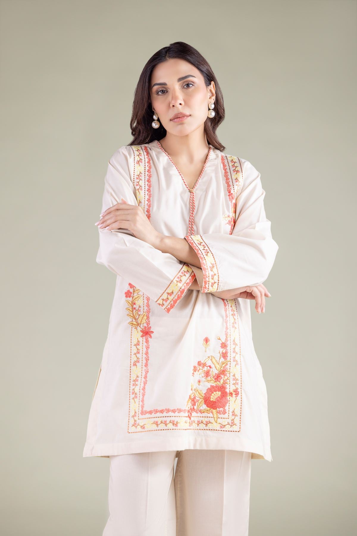 Embroidered Cambric Floral V-Neck Kurta - 1-26-127-A-A-VG
