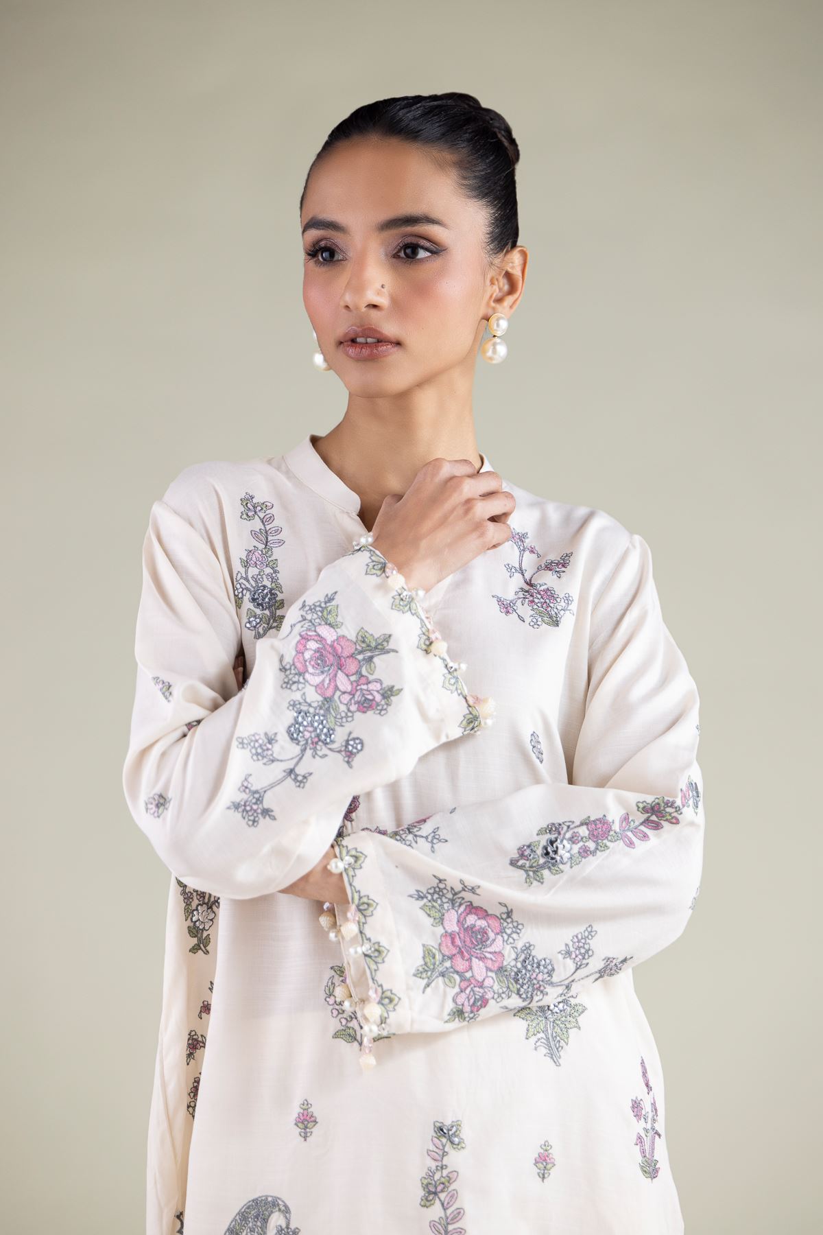 Embroidered Raw Silk Paisley Pearl Kurta - 2-26-105-A-D-VG