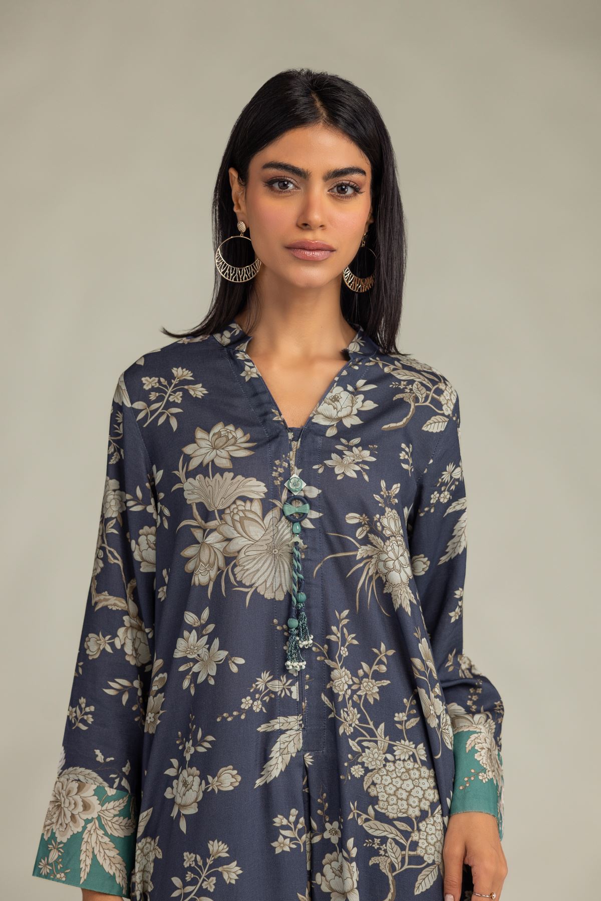 Printed Raw Silk Floral Longline Kurta - 12-26-301-A-E1-VG