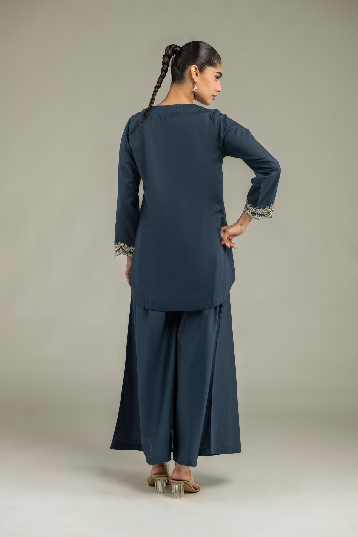 Embroidered Cambric Short Navy Kurta - 1-26-102-A-F-VG