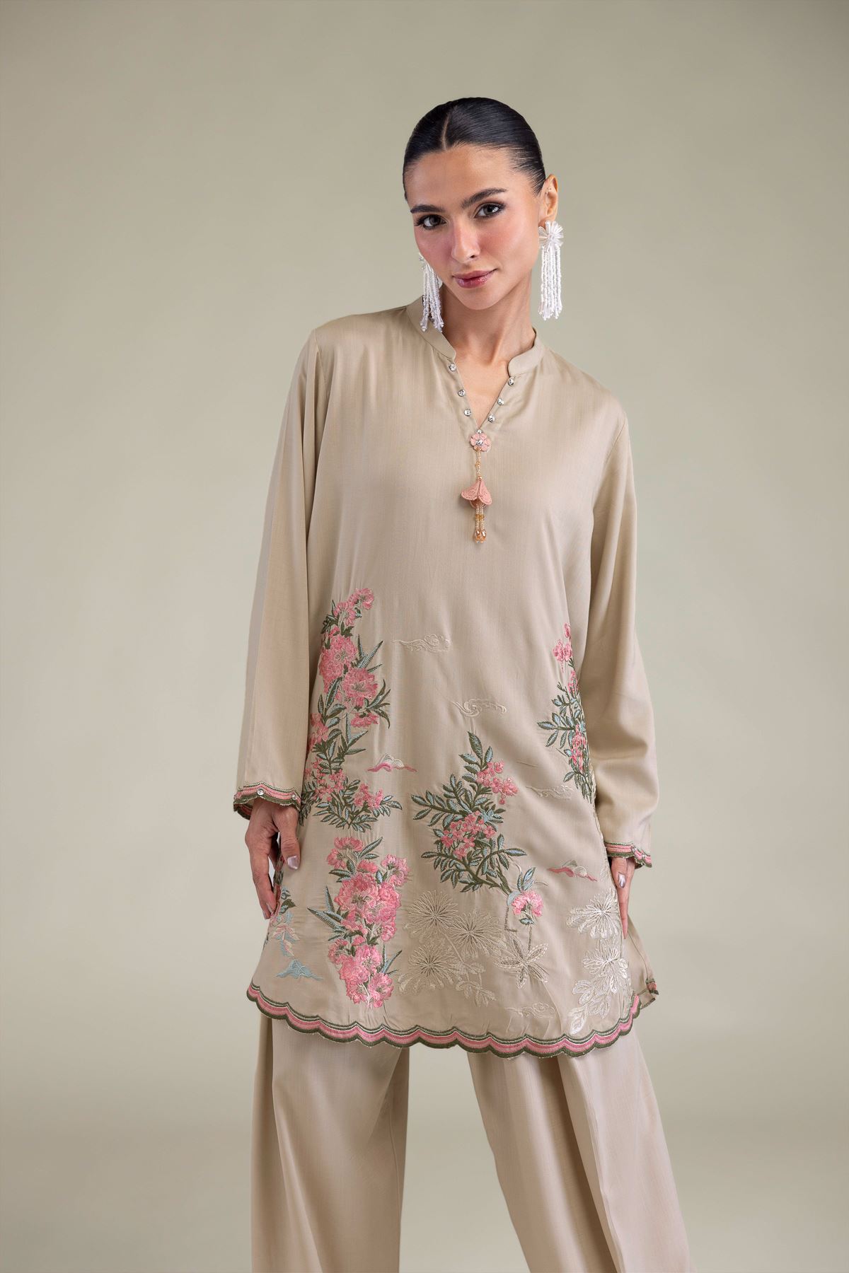 Embroidered Raw Silk Band Collar Kurta - 2-26-202-A-B-VG