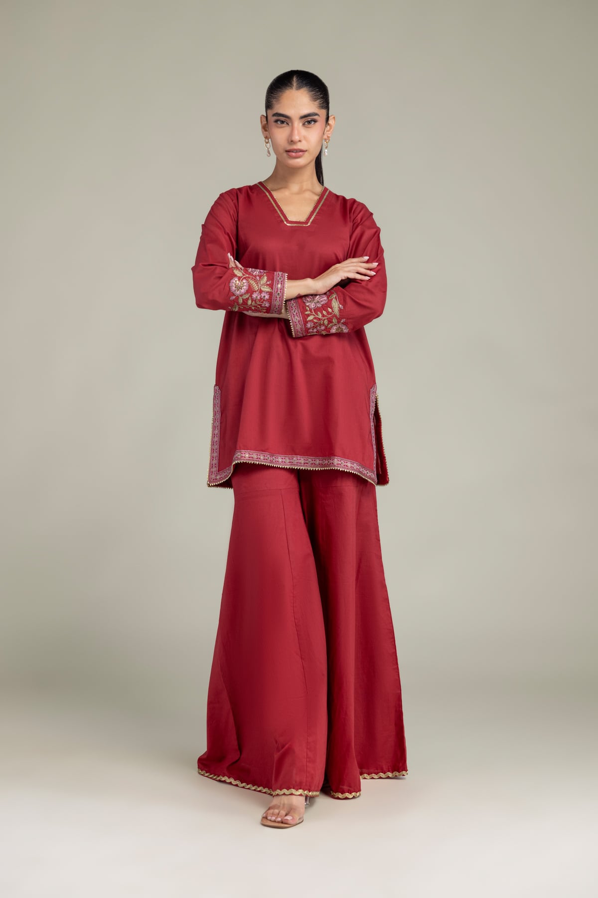 Embroidered Cambric Red Solid Pants - 1-26-102-A-F-VG