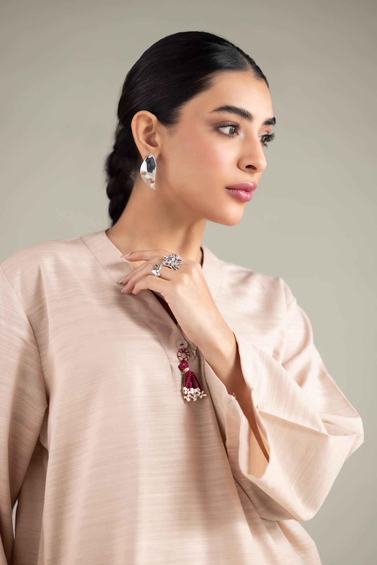 Dyed Textured Cotton V-Neck Tassel Kurta - 1-26-125-B-F-VG