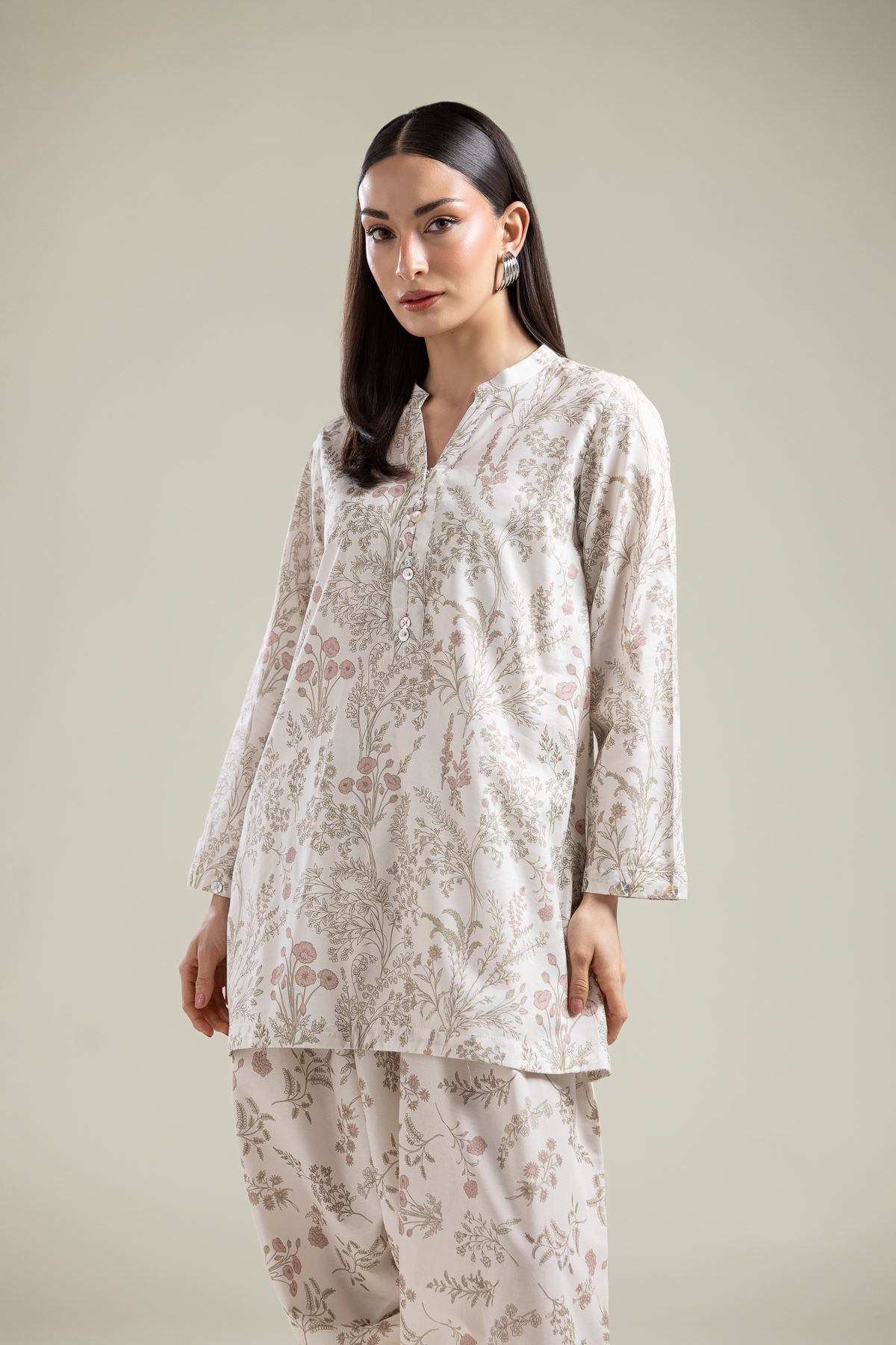 Printed Cotton Viscose Floral V-Neck Kurta - 1-26-134-A-F-VG