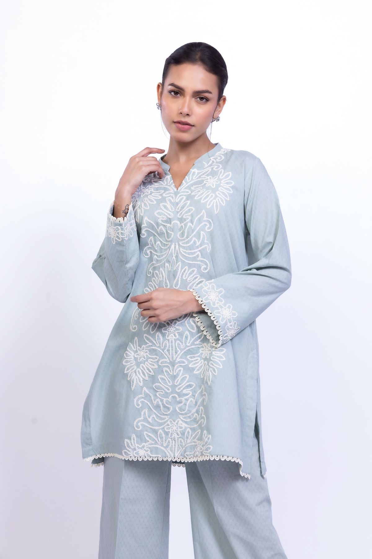 Embroidered Cotton Dobby Floral V-Neck Kurta - 1-26-101-A-C-VG