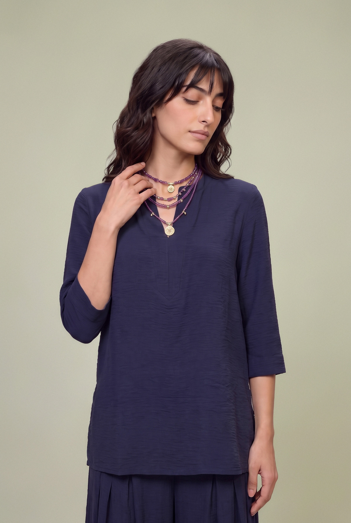 Dyed Textured Georgette V-Neck Navy Tunic - 1-26-229-B-F1-VG