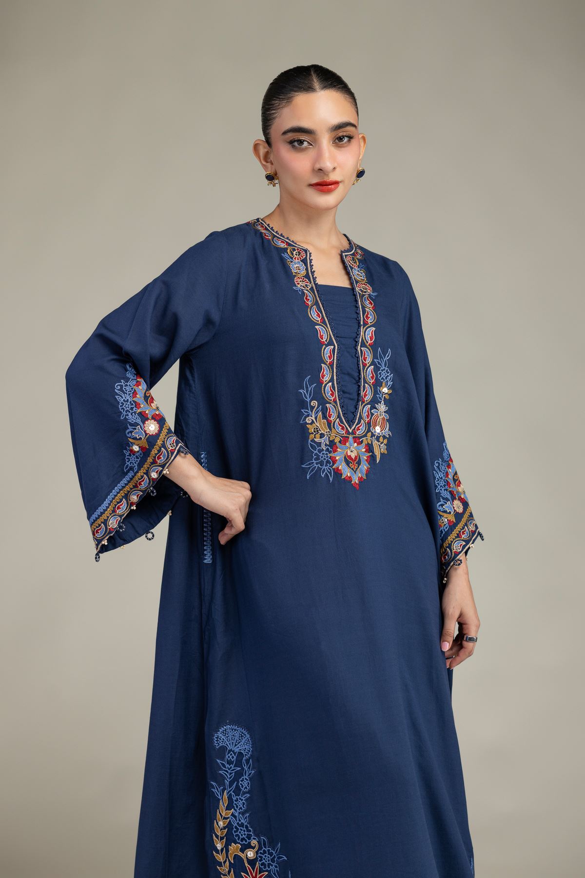 Embroidered Raw Silk Floral Navy Kurta - 1-26-245-A-D2-VG