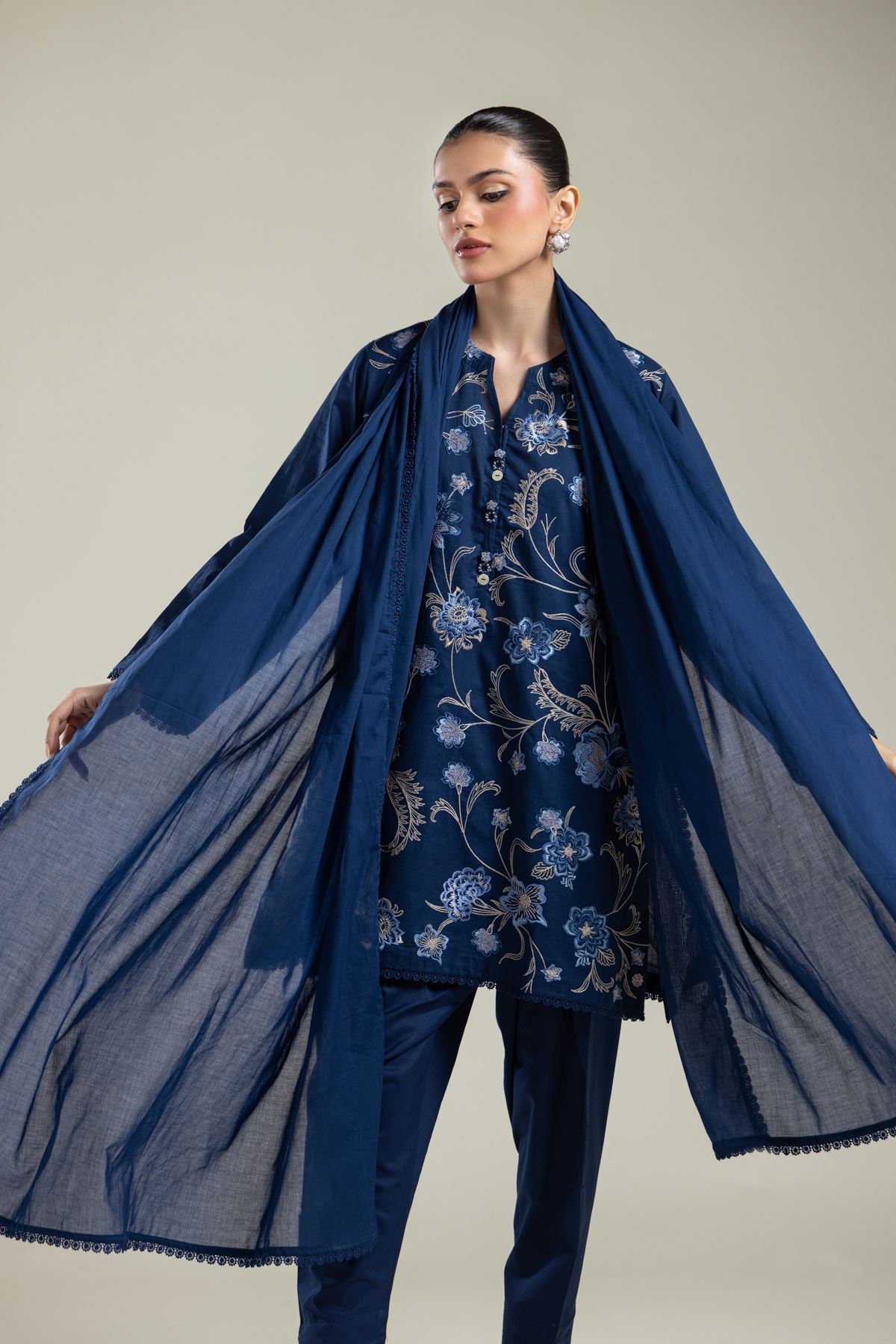 Embroidered Lawn Navy Lawn Dupatta - 1-26-139-A-F-VG