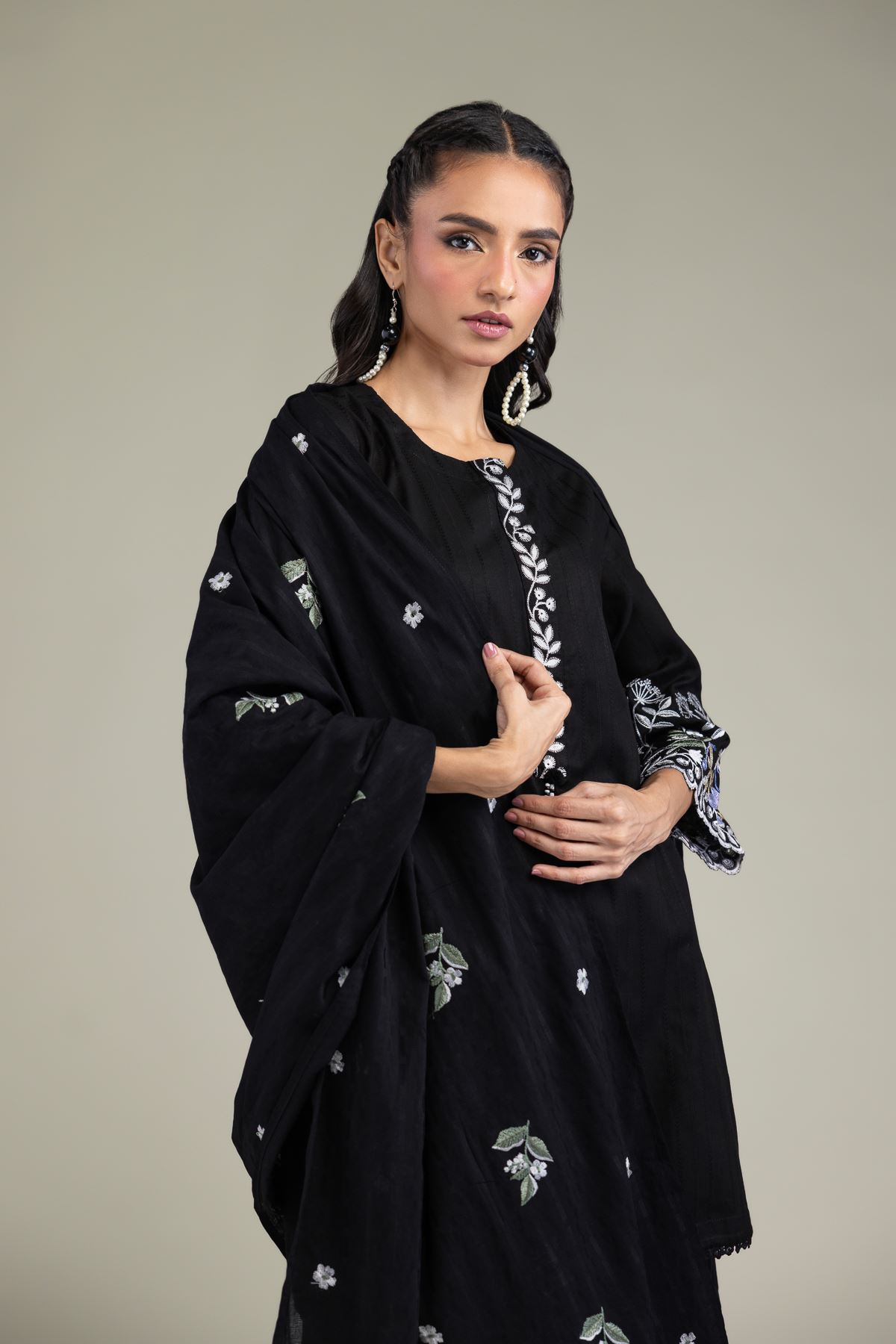 Embroidered Textured Cotton Black Cotton Dupatta - 1-26-131-A-D-VG