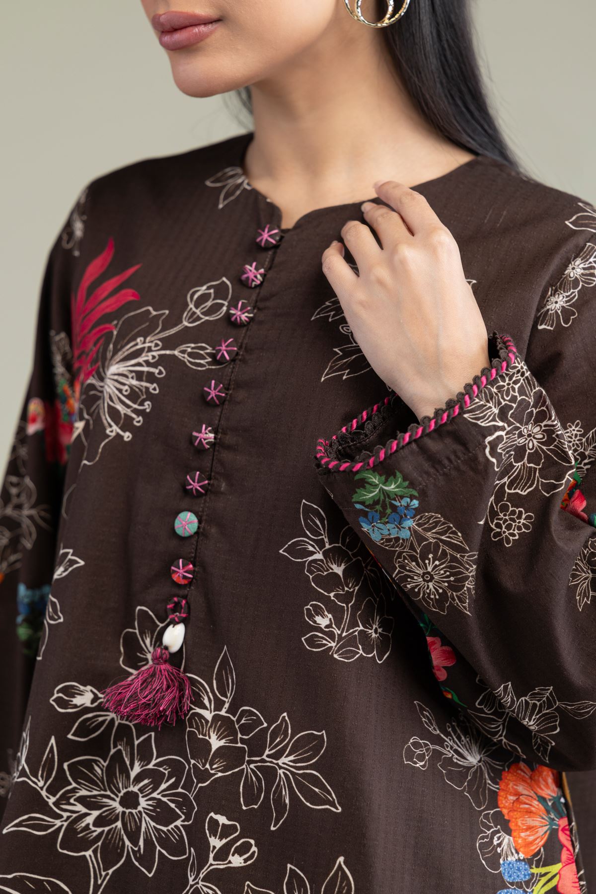 Printed Cotton Dobby Floral Brown Kurta - 8-26-204-A-D1-VG