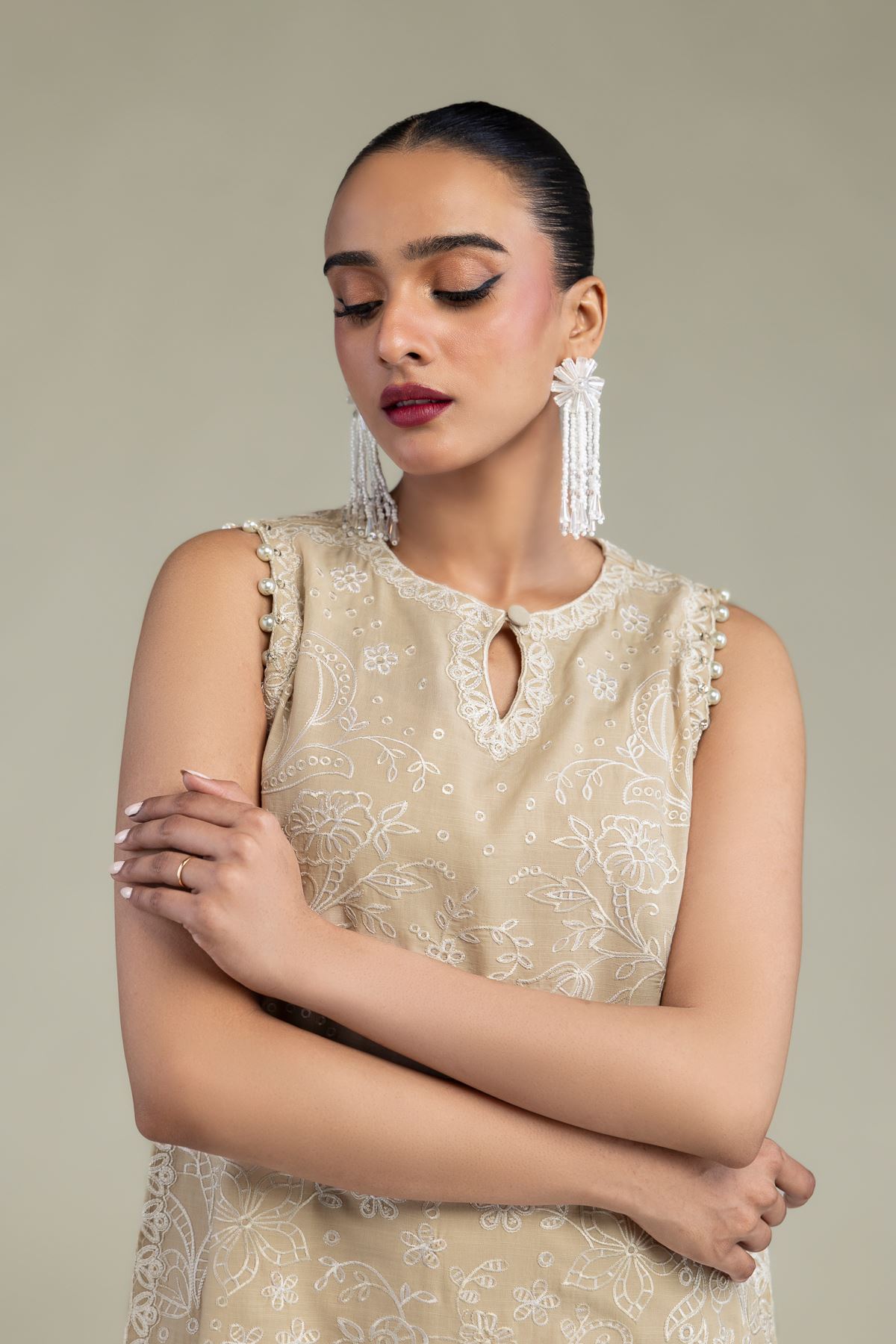 Embroidered Raw Silk Beige Sleeveless Kurta - 2-26-304-C-G1-VG