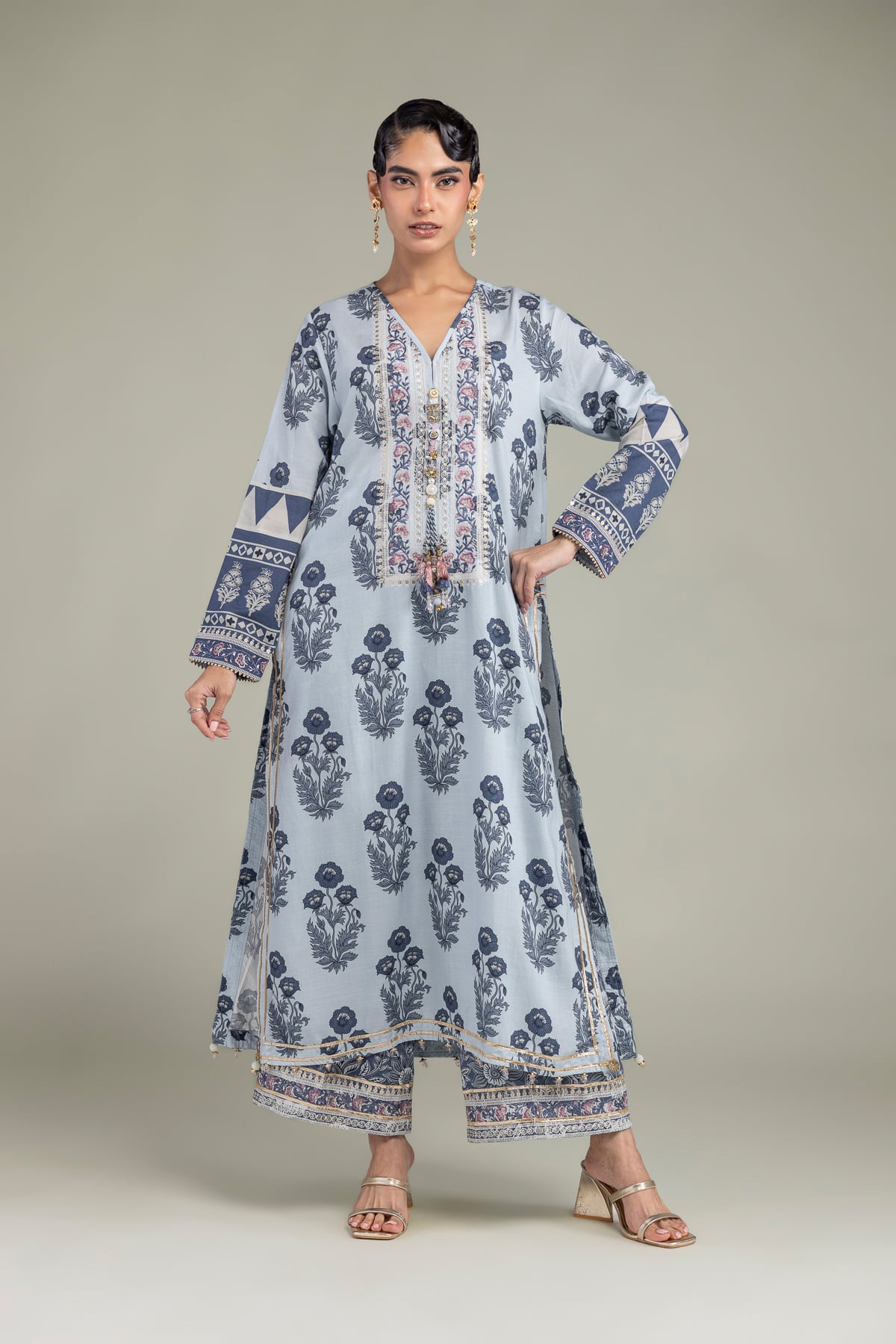 Embroidered Raw Silk V-Neck Floral Kurta - 1-26-102-A-F-VG