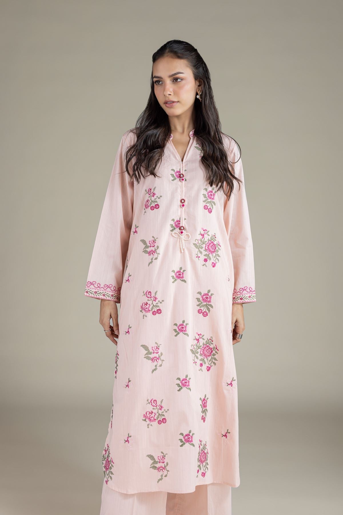 Embroidered Textured Cambric Floral Kurta - 1-26-120-A-D-VG