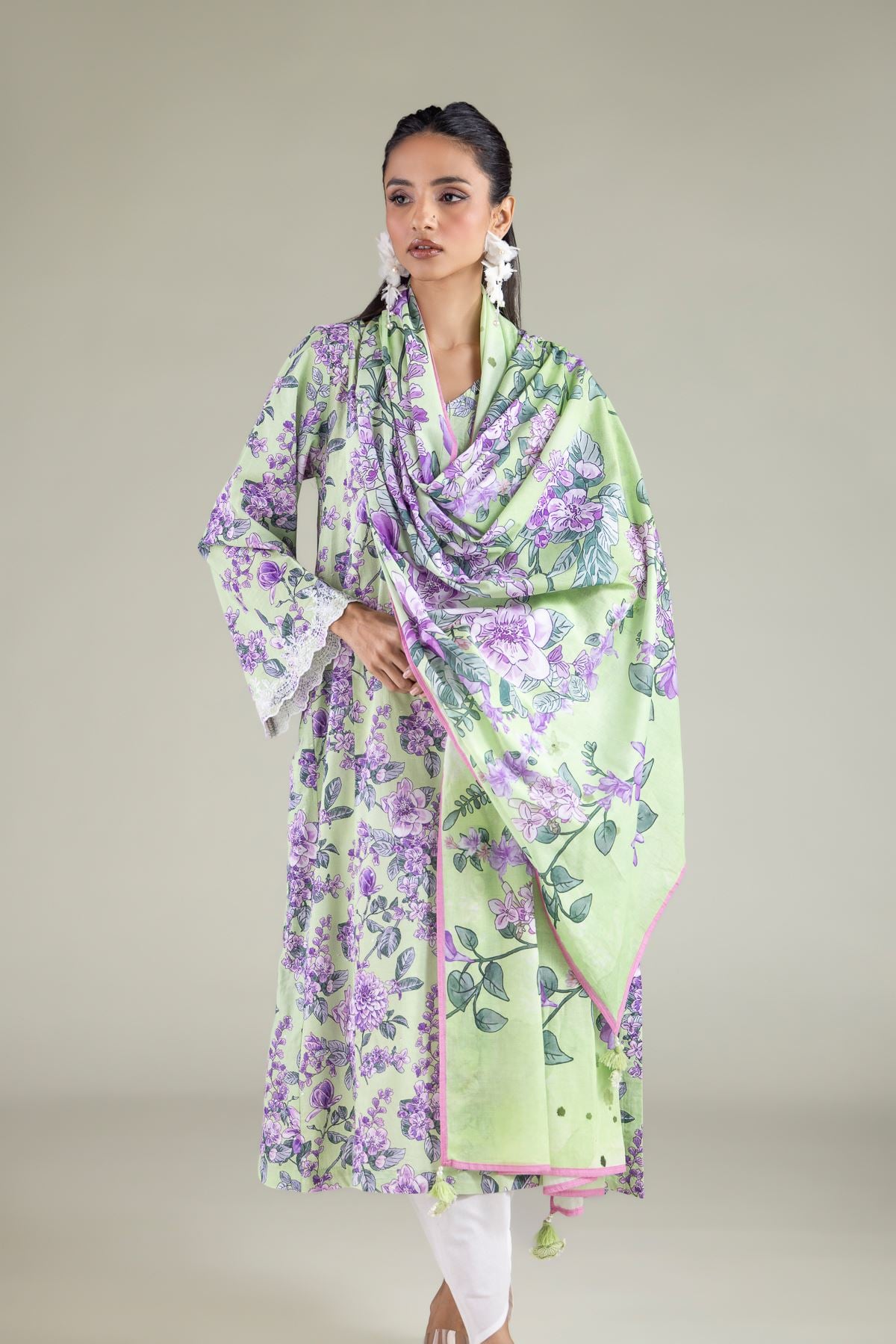 Embroidered Lawn Floral Tassel Dupatta - 1-26-127-A-C-VG