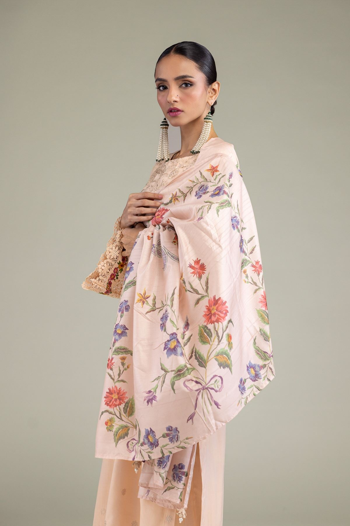 Embroidered Polyester Silk Floral Peach Dupatta - 2-26-209-A-I1-VG