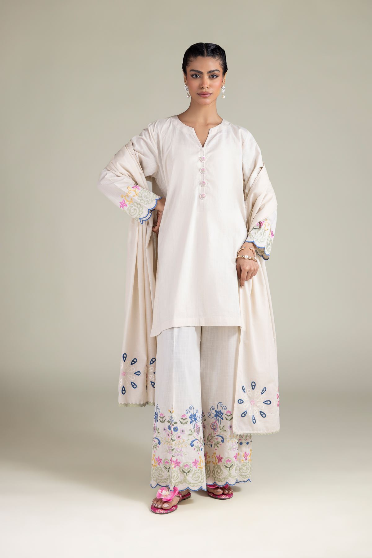 Embroidered Textured Cotton Geometric Threadwork Dupatta - 1-26-108-A-E-VG