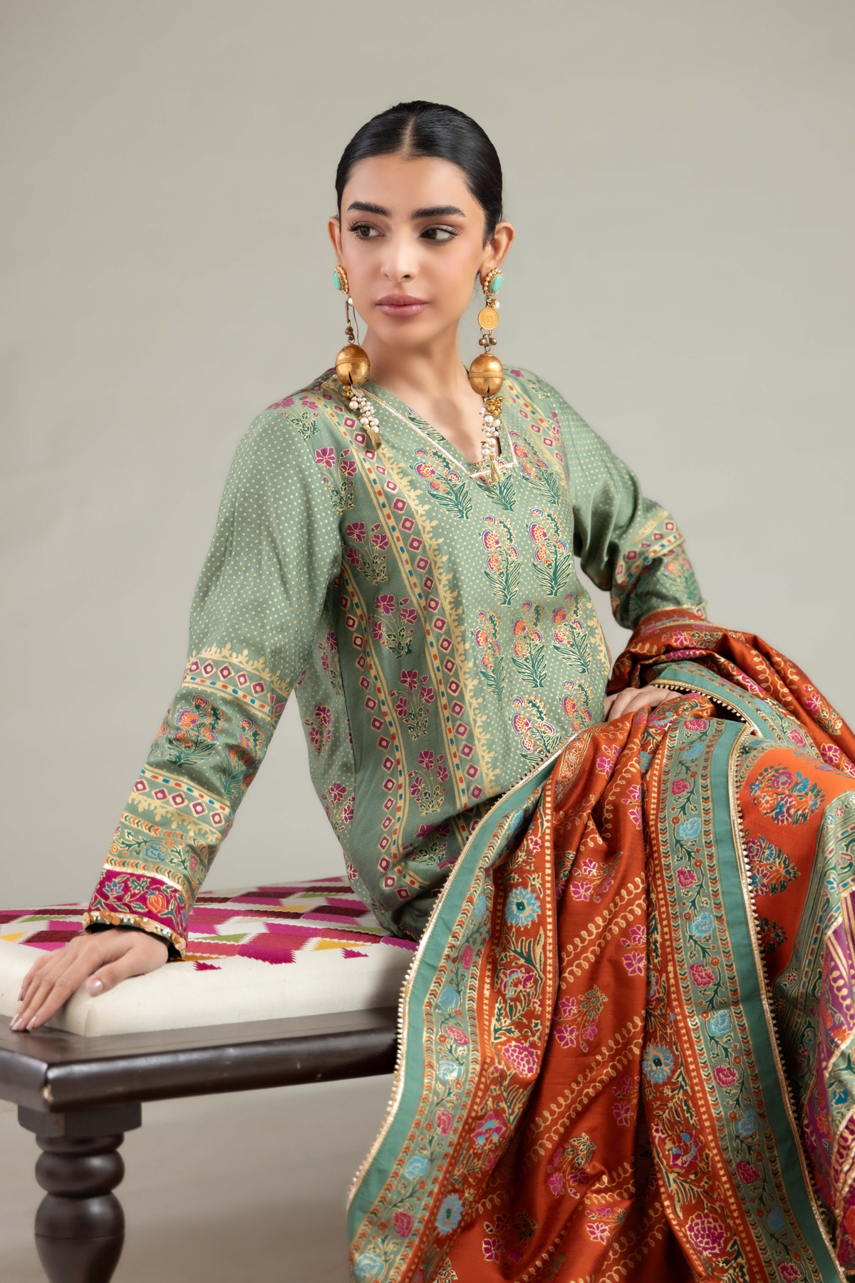 Printed Raw Silk 3 Piece Co-ord Set - 25-09-10E2-07TB-VG