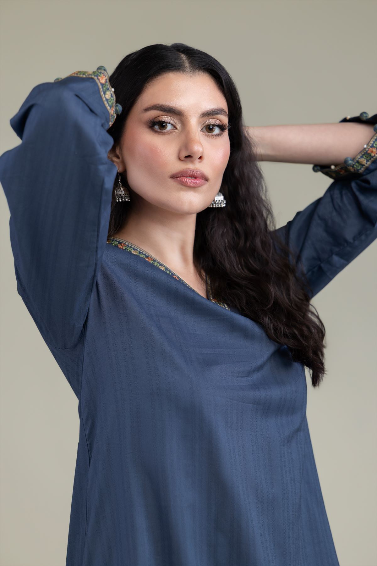 Embroidered Cotton Dobby Navy V-Neck Kurta - T-A11-26-105FJ1-VG