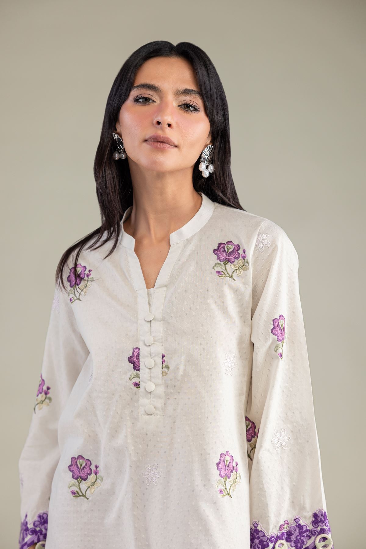 Embroidered Cotton Dobby Floral V-Neck Kurta - 1-26-322-B-A1-VG