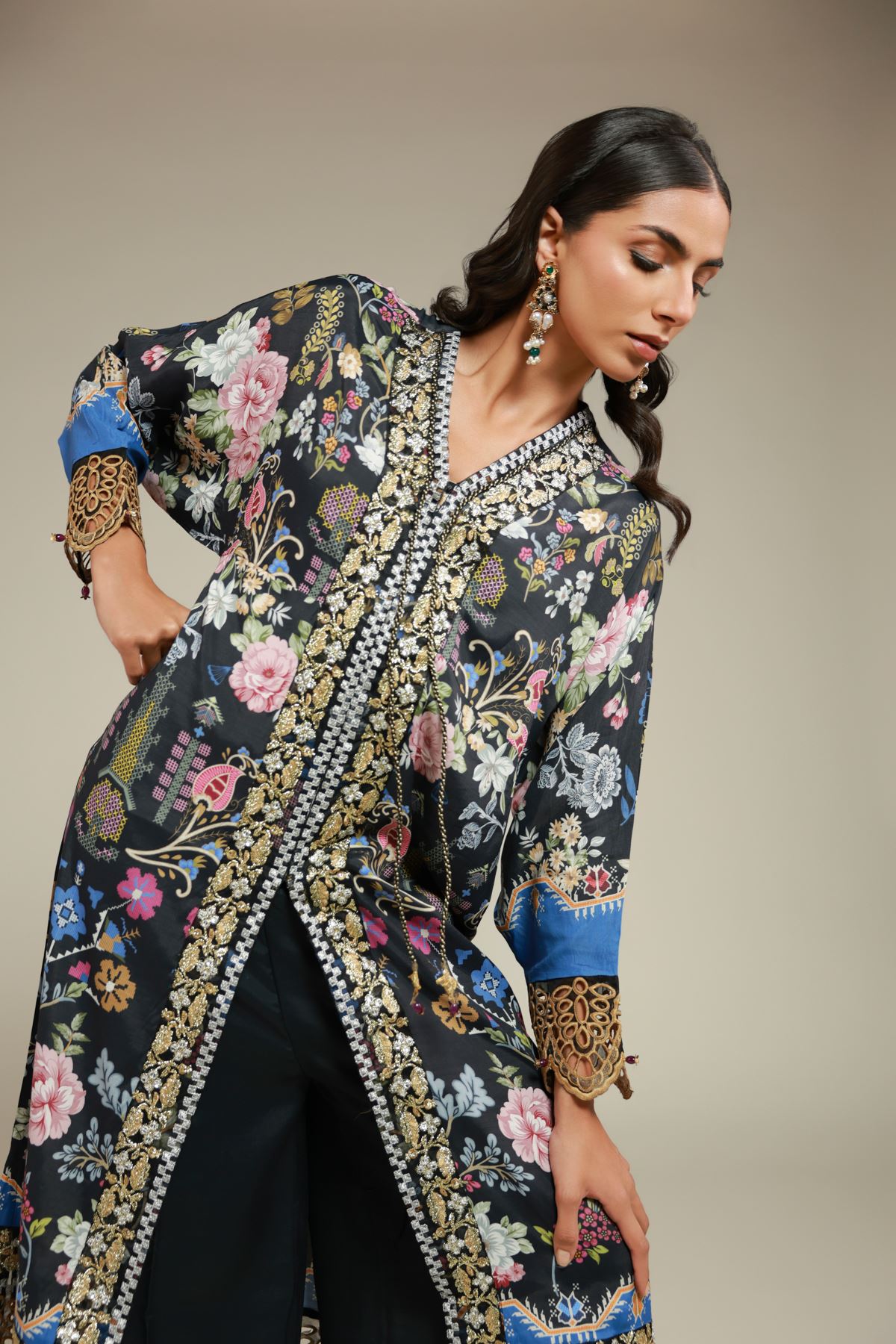 Embroidered Raw Silk 2 Piece Co-ord Set | Top and Bottom - 6-26-105-A-G-VG