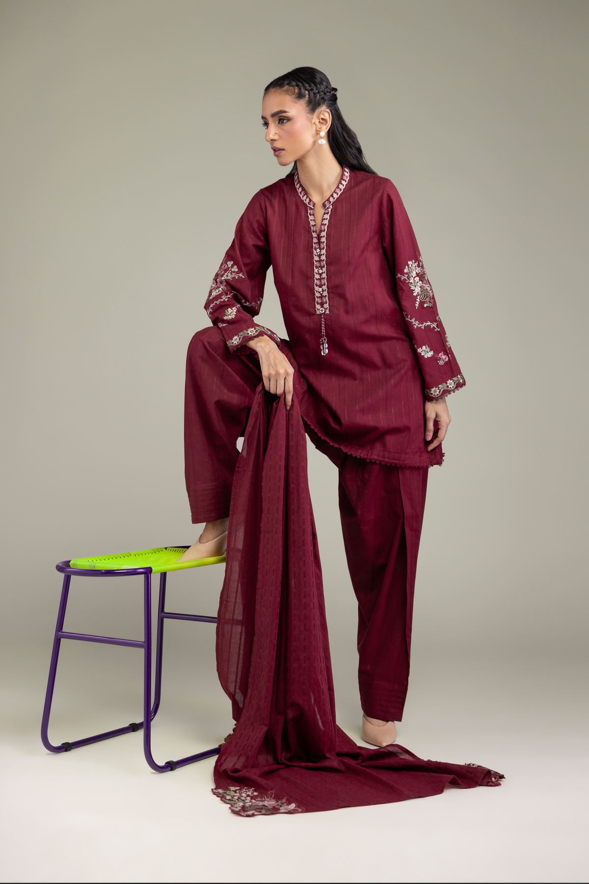 Embroidered Textured Cotton Floral Maroon Dupatta - 1-26-131-A-B-VG
