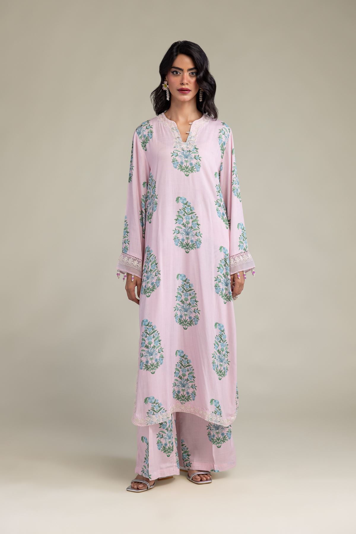 Embroidered Raw Silk Long Pink Kurta - 8-26-216-B-B1-VG