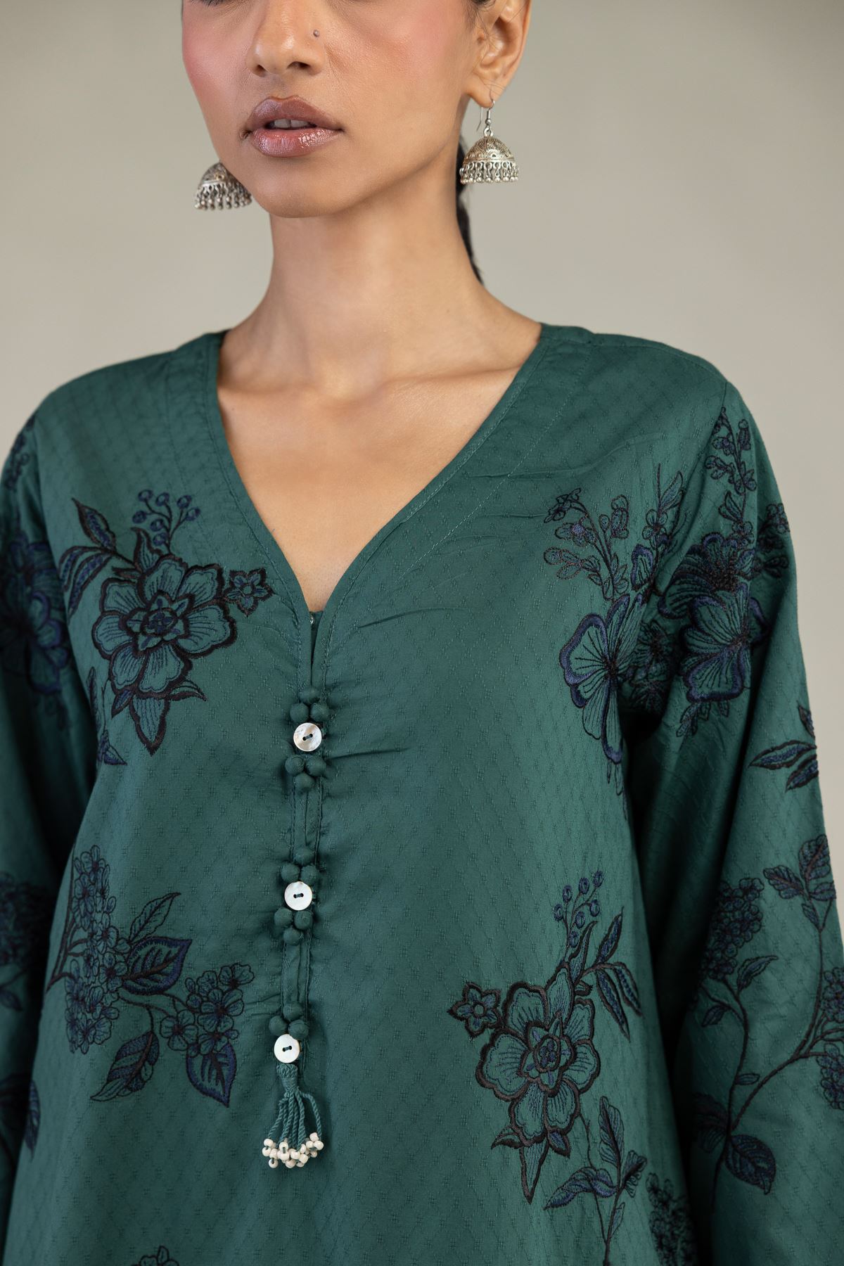 Embroidered Cotton Dobby Green Longline Kurta - 1-26-226-A-B1-VG