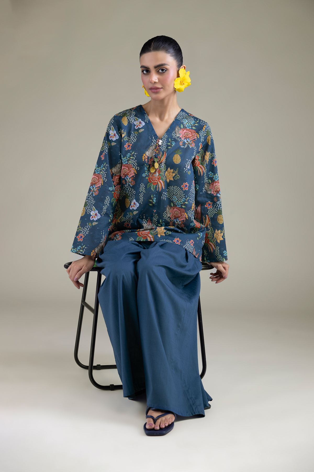 Embroidered Cambric Blue Cambric Shirt - 1-26-211-A-A2-VG