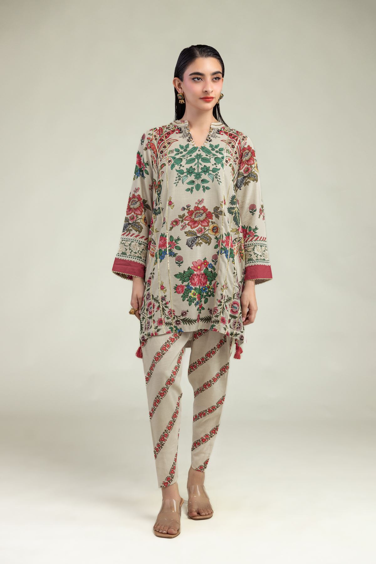 Embroidered Raw Silk Floral Beige Kurta - 1-26-203-A-C1-VG