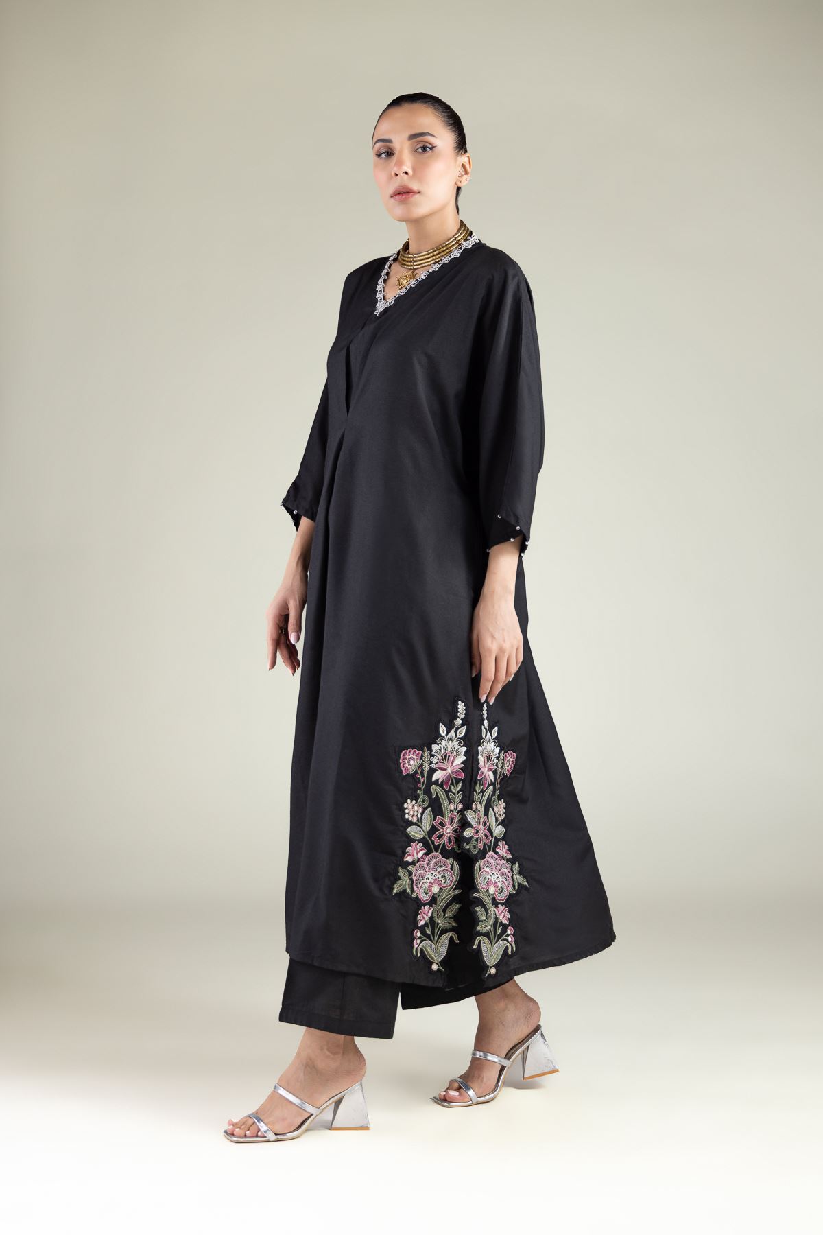 Embroidered Raw Silk Floral Longline Kurta - 2-26-108-F-D-VG