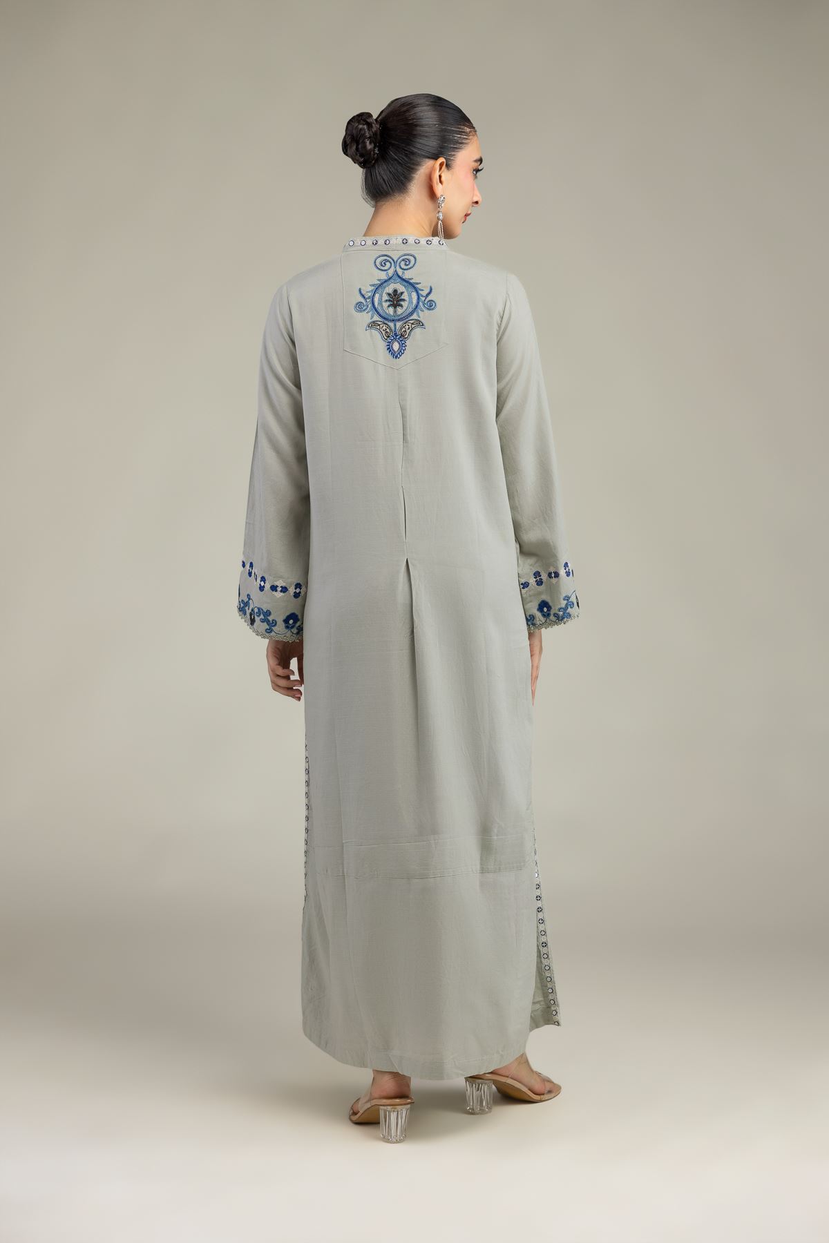 Embroidered Raw Silk Floral V-Neck Kurta - 1-26-203-B-H1-VG