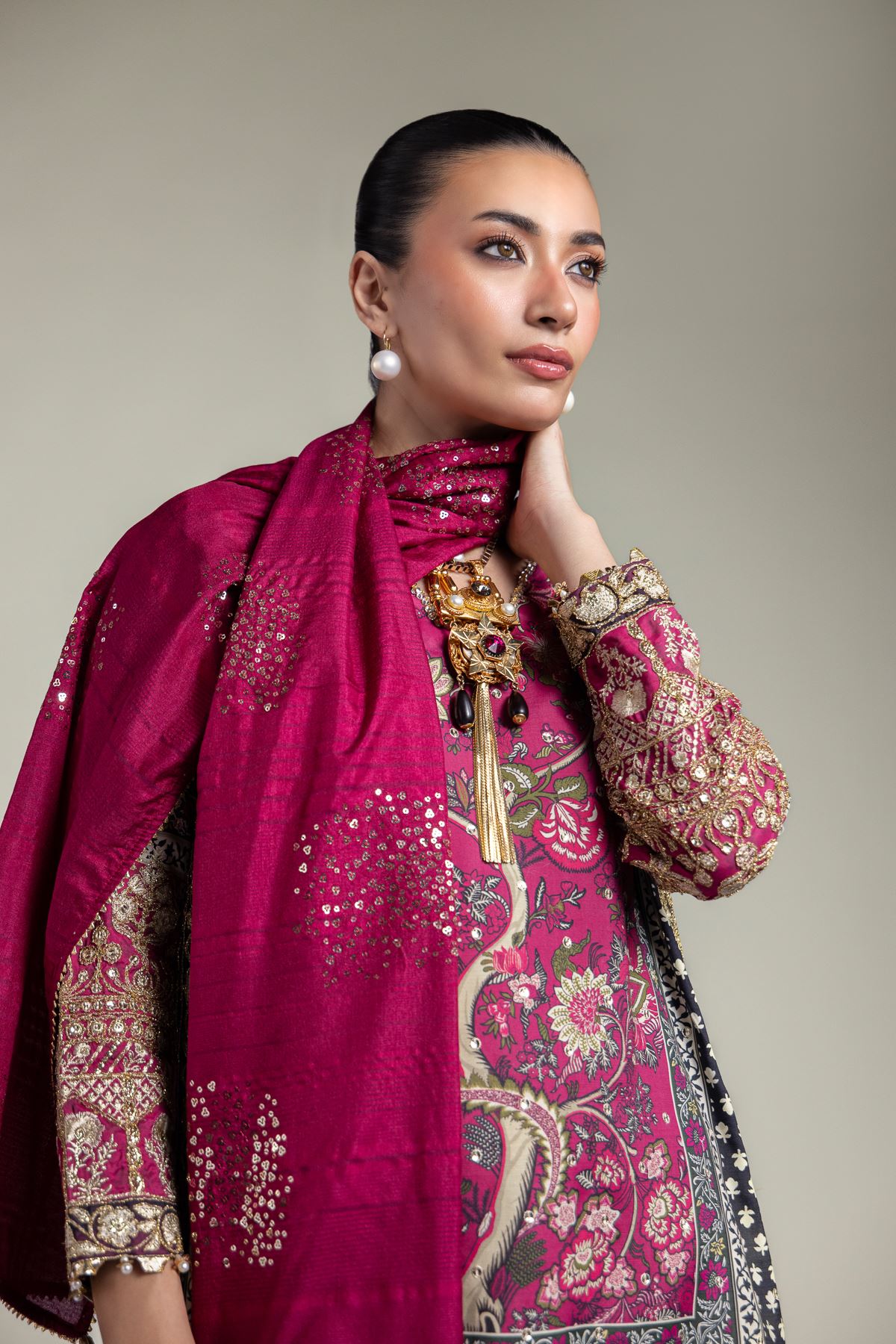 Embroidered Raw Silk Printed 3-Piece Set - 1001928305