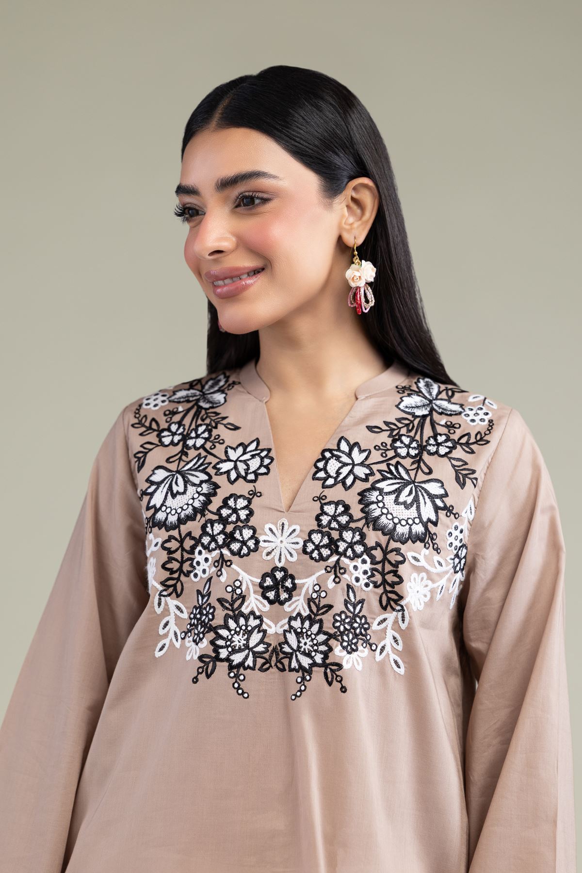 Embroidered Cambric Floral Beige Kurta - T-A11-26-107FD1-VG
