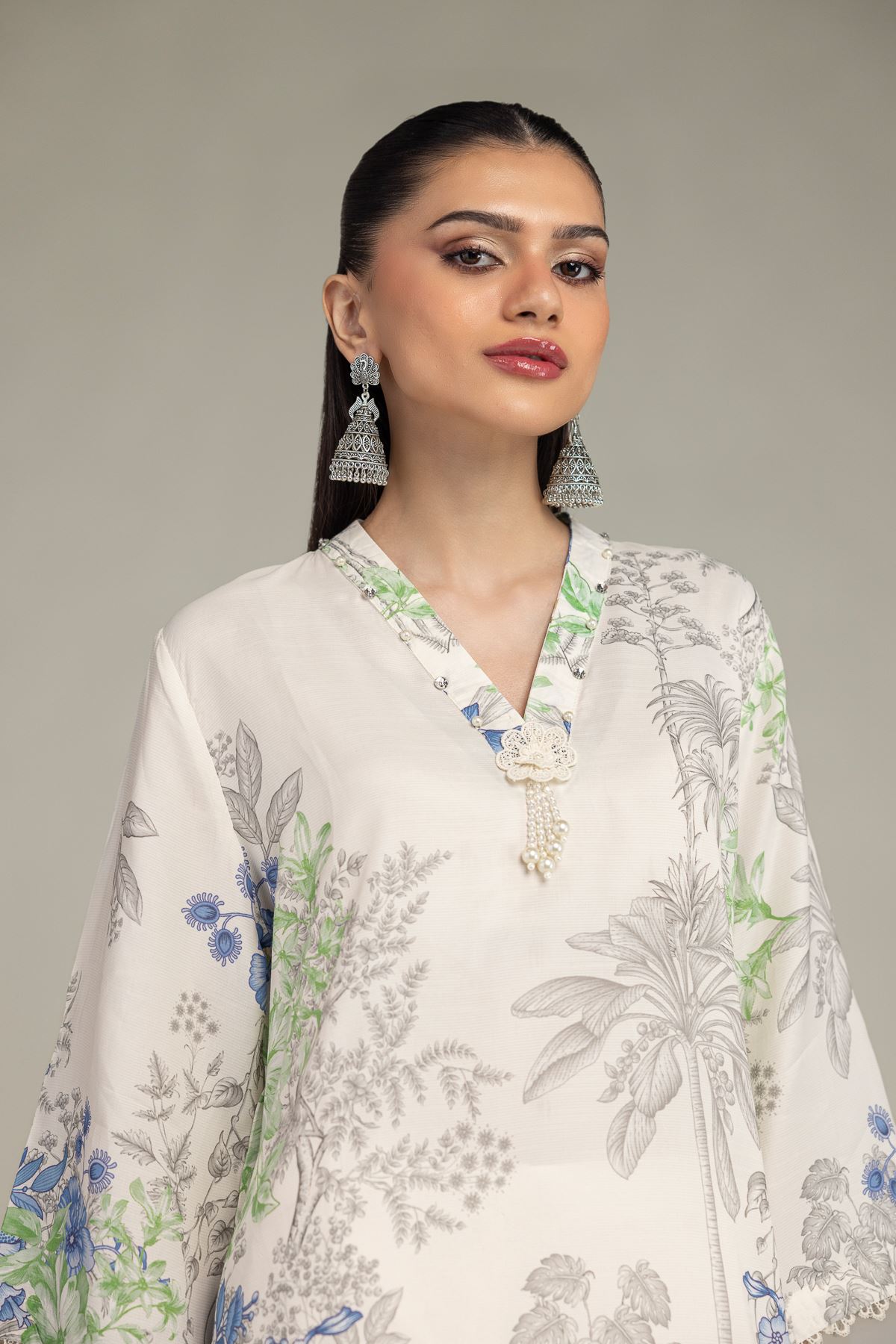 Embroidered Raw Silk Floral V-Neck Kurta - 1-26-221-A-G1-VG