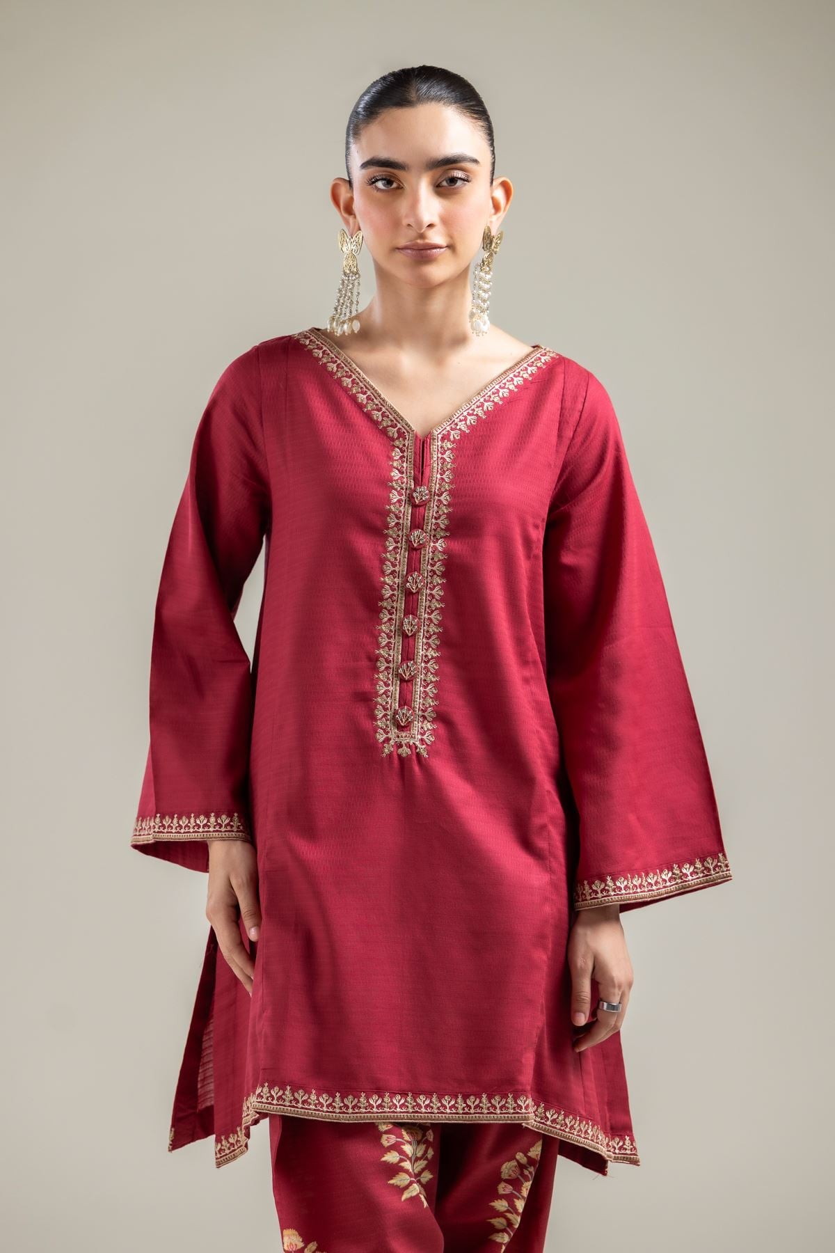 Embroidered Cotton Dobby Maroon V-Neck Kurta - 1-26-142-A-H-VG