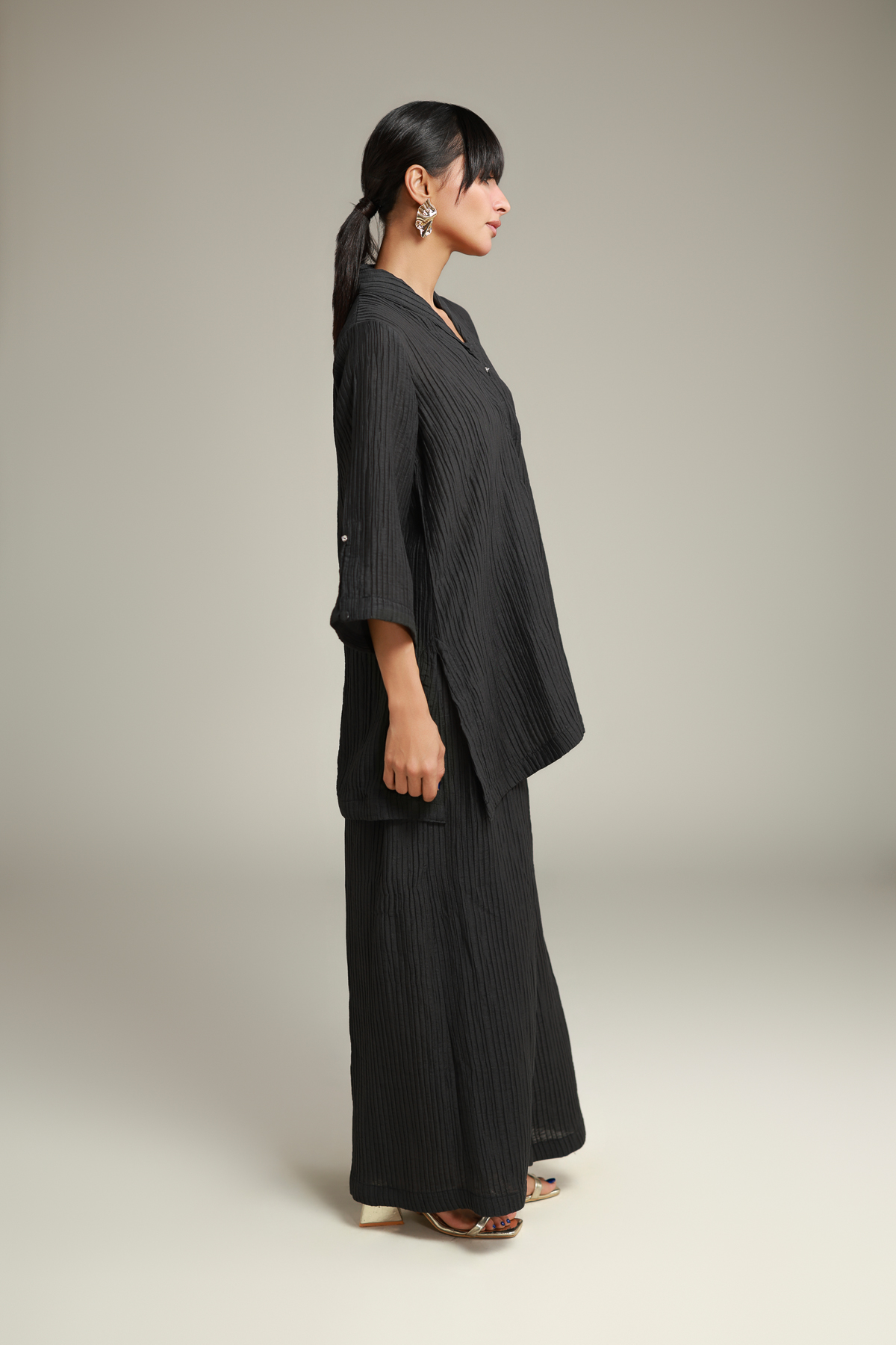 Dyed Blended Crinkle Solid Black Pants - 8-26-205-A-A1-VG
