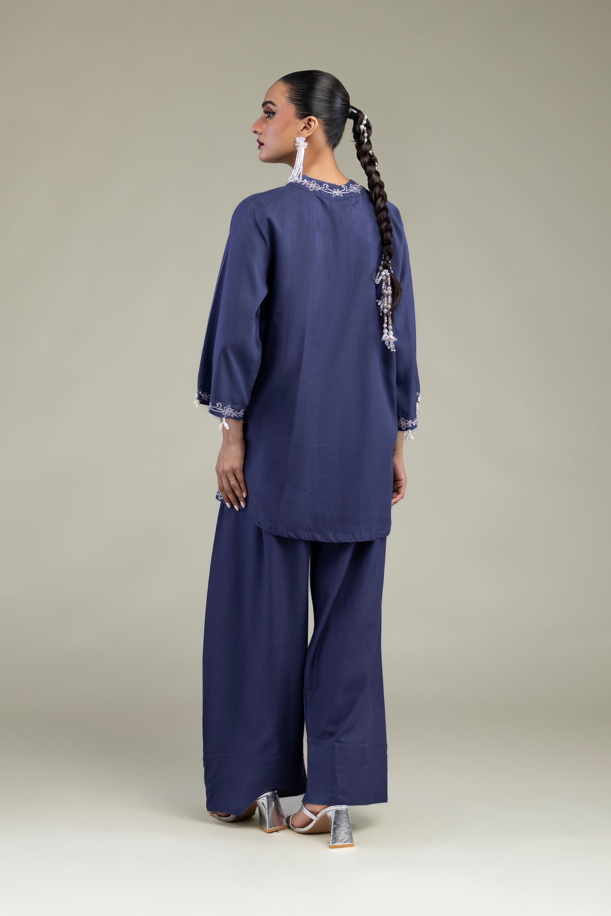 Embroidered Raw Silk Floral V-Neck Kurta - 2-26-302-B-F1-VG