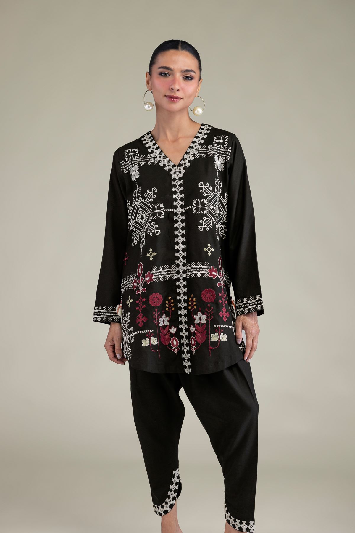 Embroidered Raw Silk Black Floral Kurta - 2-26-202-A-C-VG