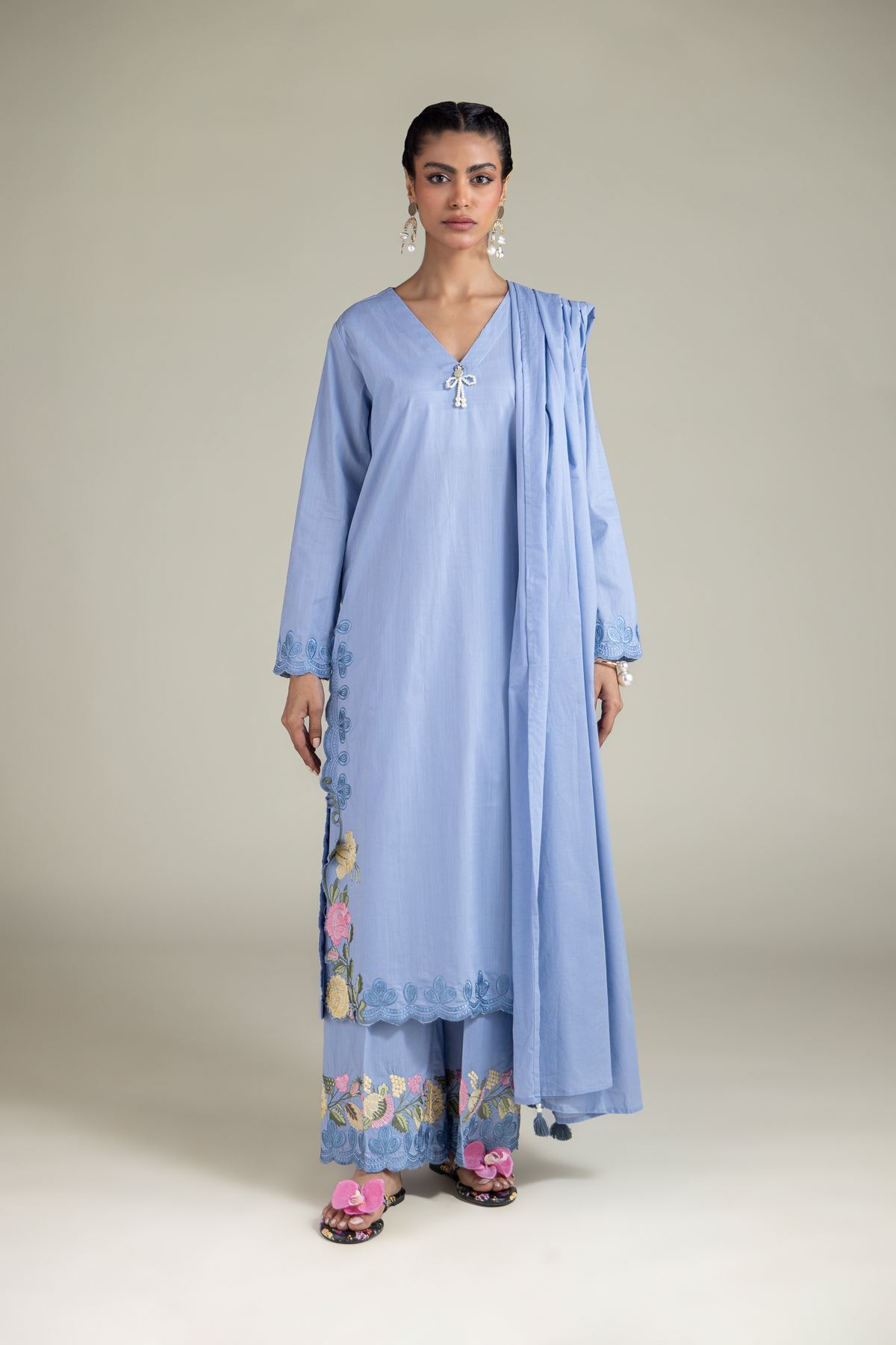 Embroidered Textured Cotton Relaxed Floral Pants - 1-26-108-B-C-VG