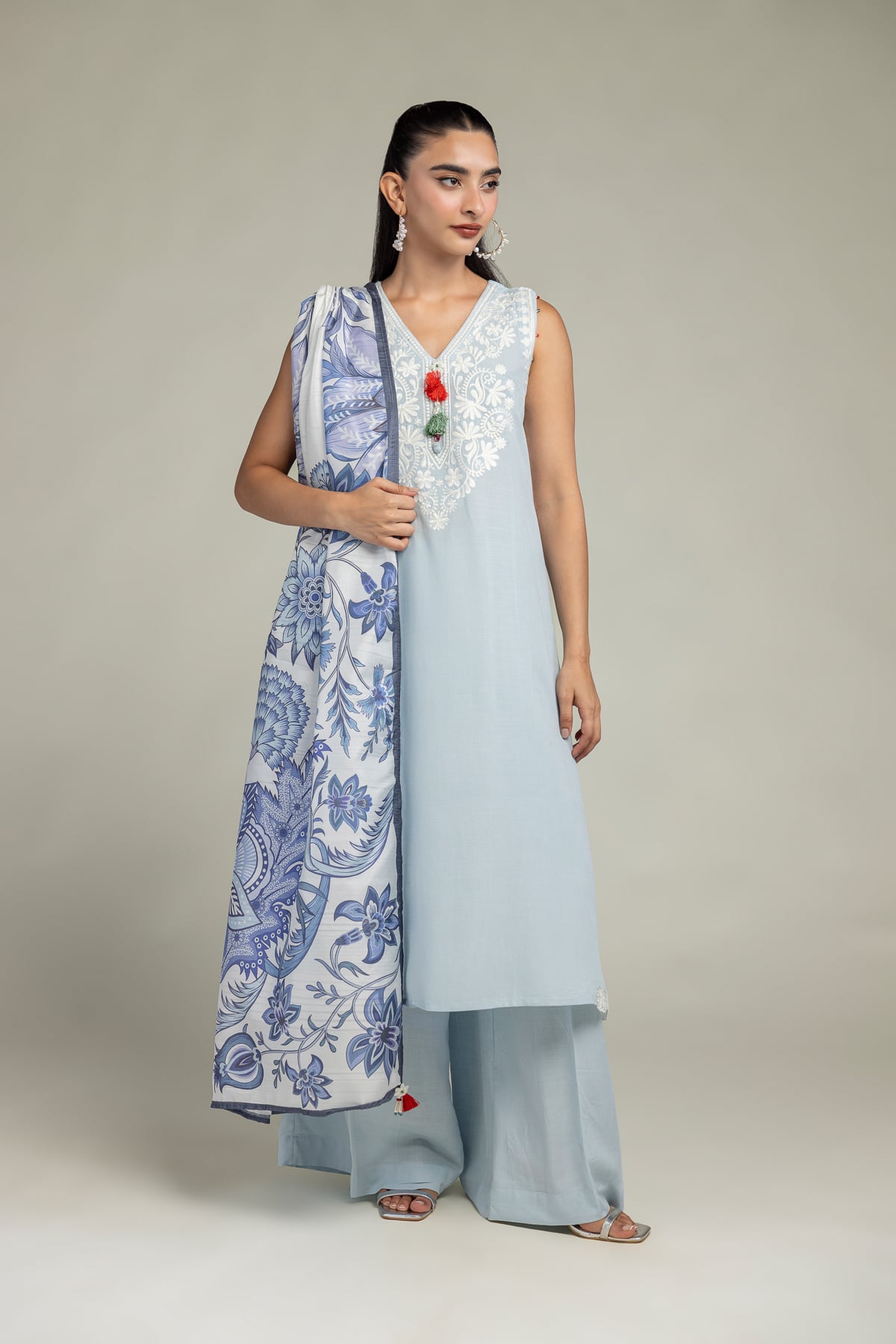 Embroidered Raw Silk Solid Silk Pants - 1-26-102-A-F-VG