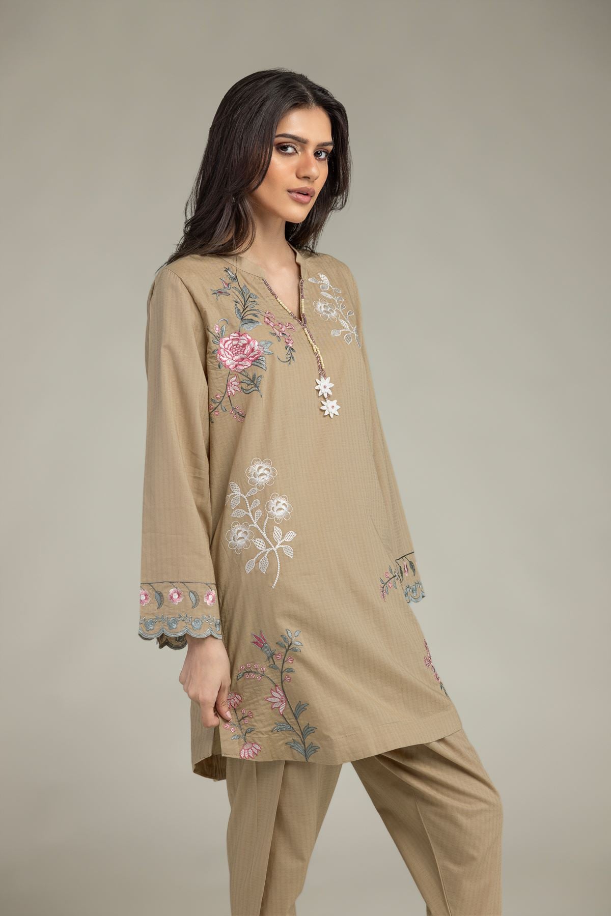 Embroidered Cotton Dobby Floral V-Neck Kurta - 1-26-245-A-J1-VG