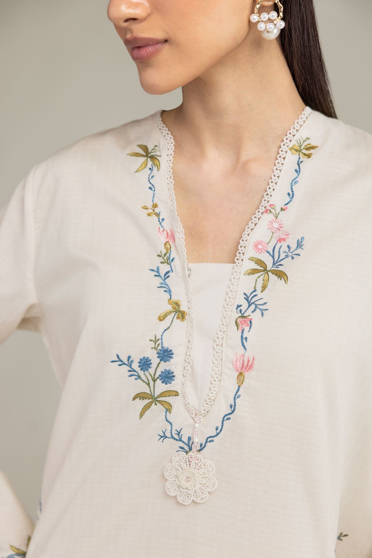Embroidered Cotton Dobby Cotton V-Neck Kurta - 1-26-203-A-C1-VG