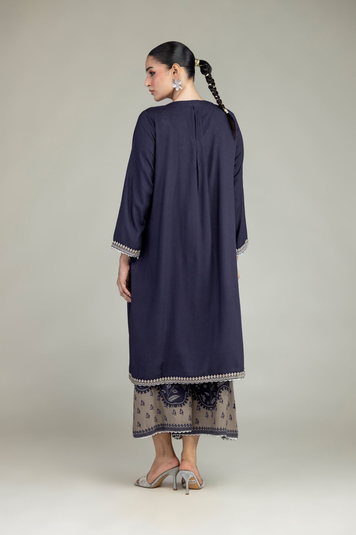 Embroidered Raw Silk Navy V-Neck Kurta - 2-26-203-A-B1-VG