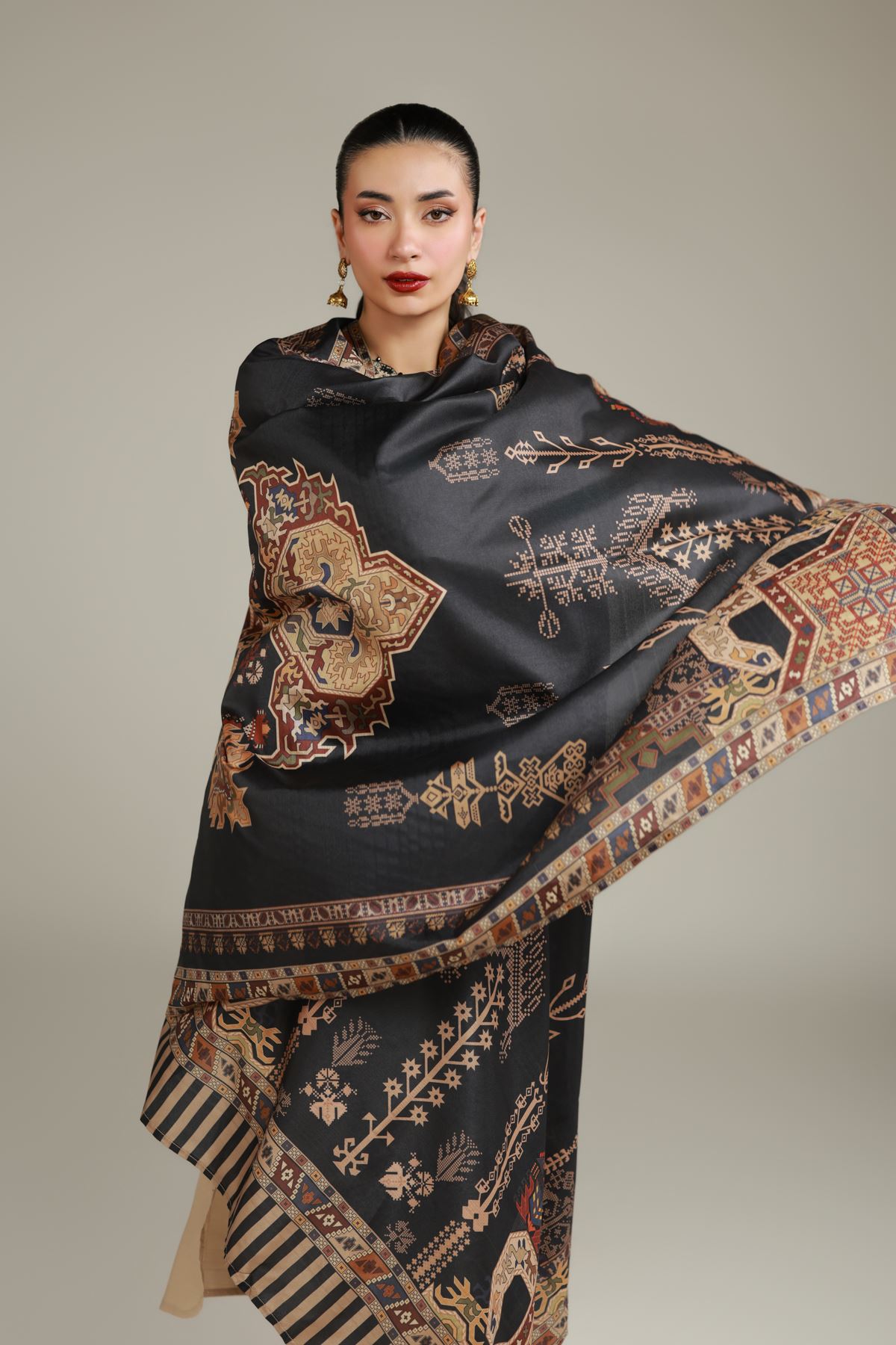 Embroidered Polyester Silk Black Printed Dupatta - 2-26-106-A-E-VG