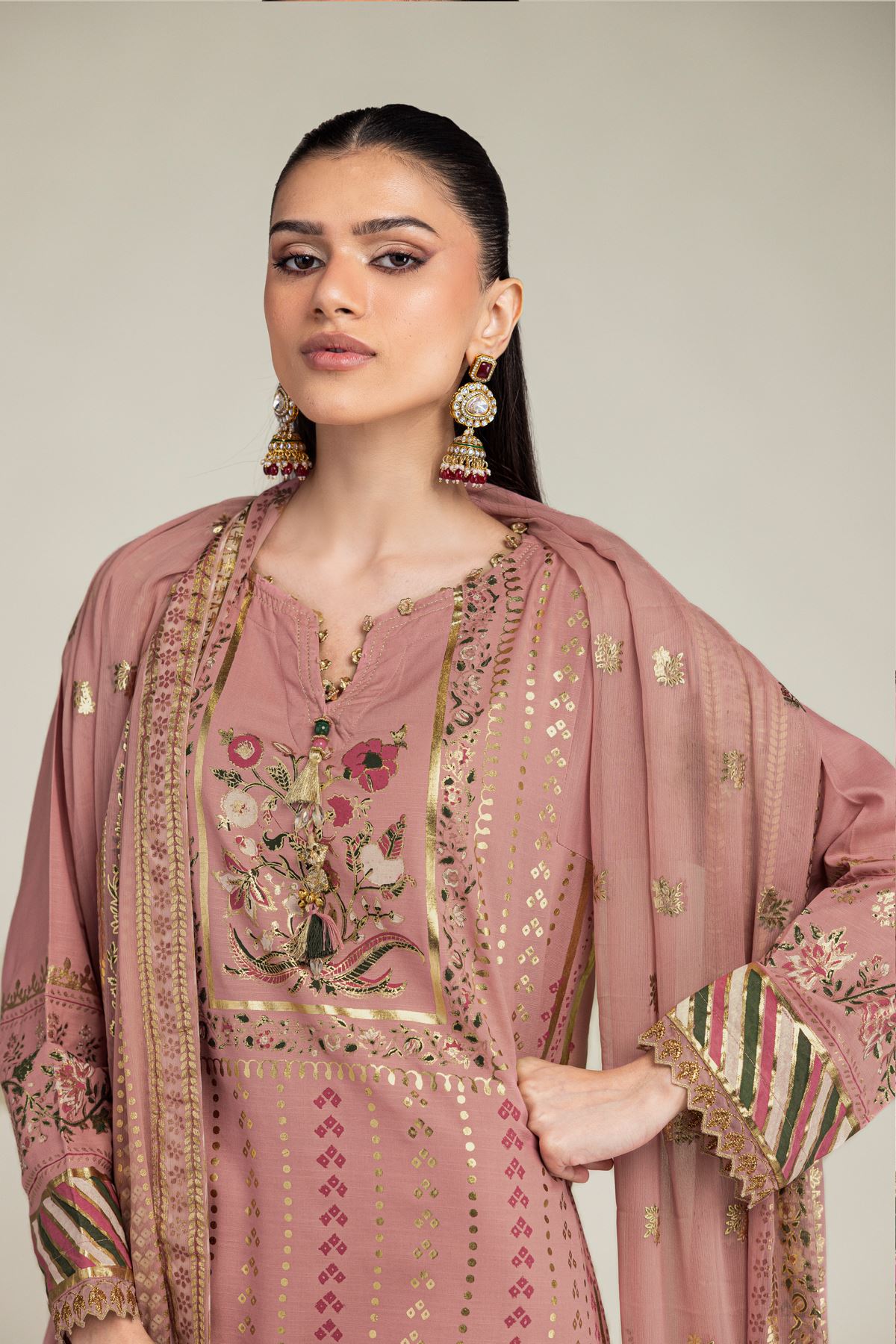 Embroidered Raw Silk 3-Piece Co-ords Set - 8-26-206-A-B1-VG
