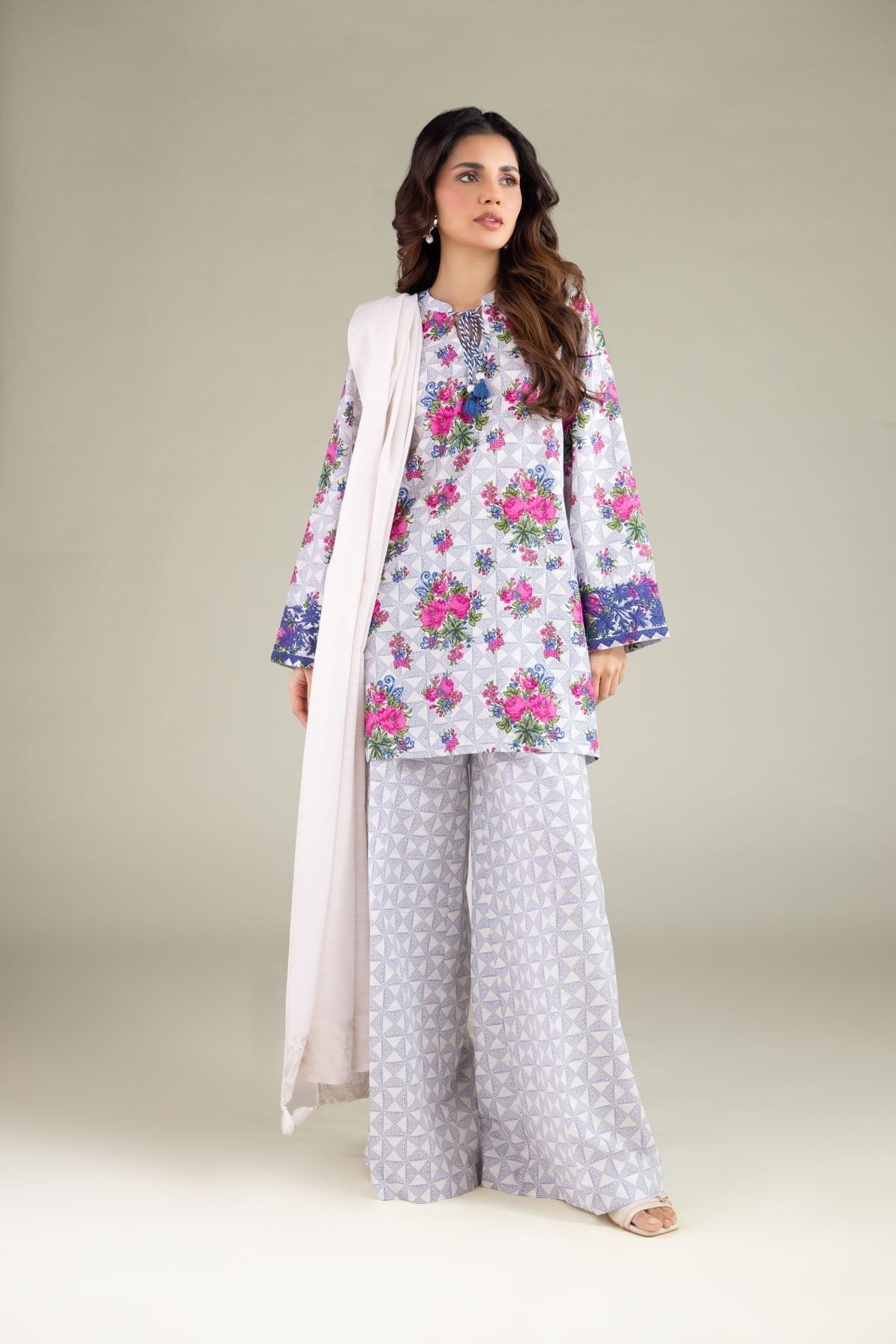 Embroidered Textured Cotton Geometric Wide Pants - 1-26-123-A-E-VG